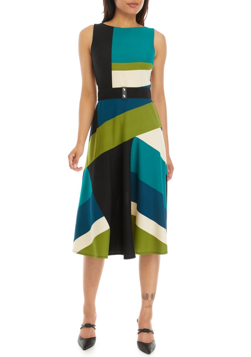 Womens Sleeveless Belted Crepe Color Block Fit and Flare Dress