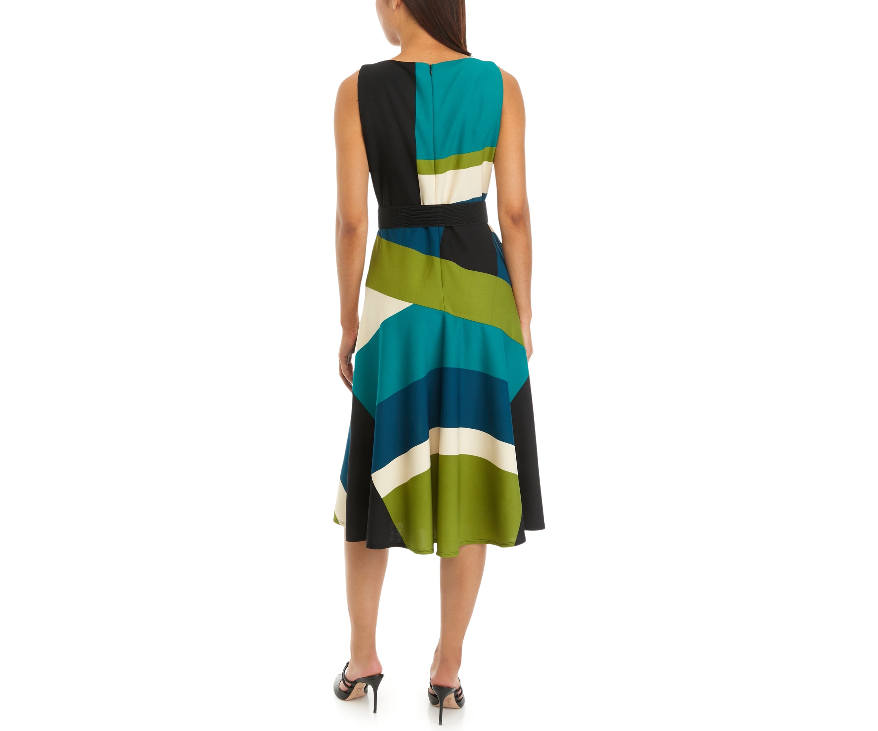 Womens Sleeveless Belted Crepe Color Block Fit and Flare Dress