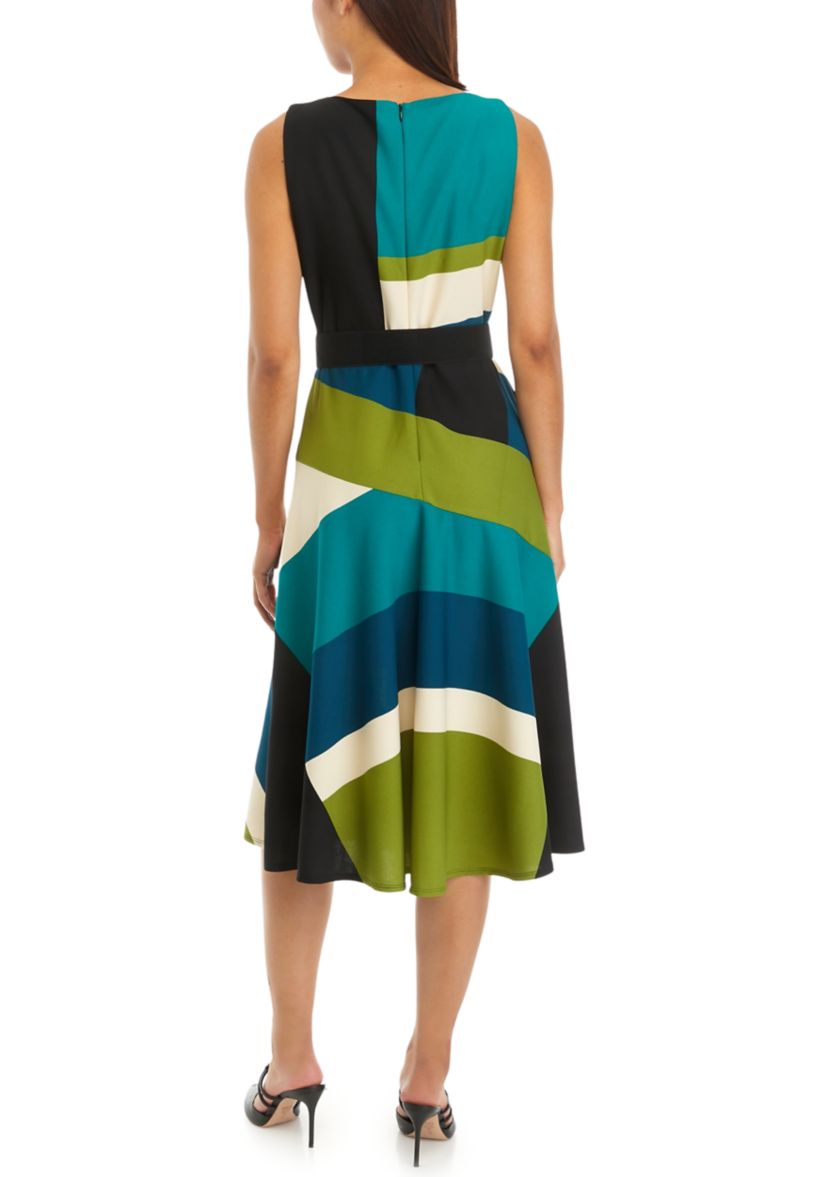 Womens Sleeveless Belted Crepe Color Block Fit and Flare Dress