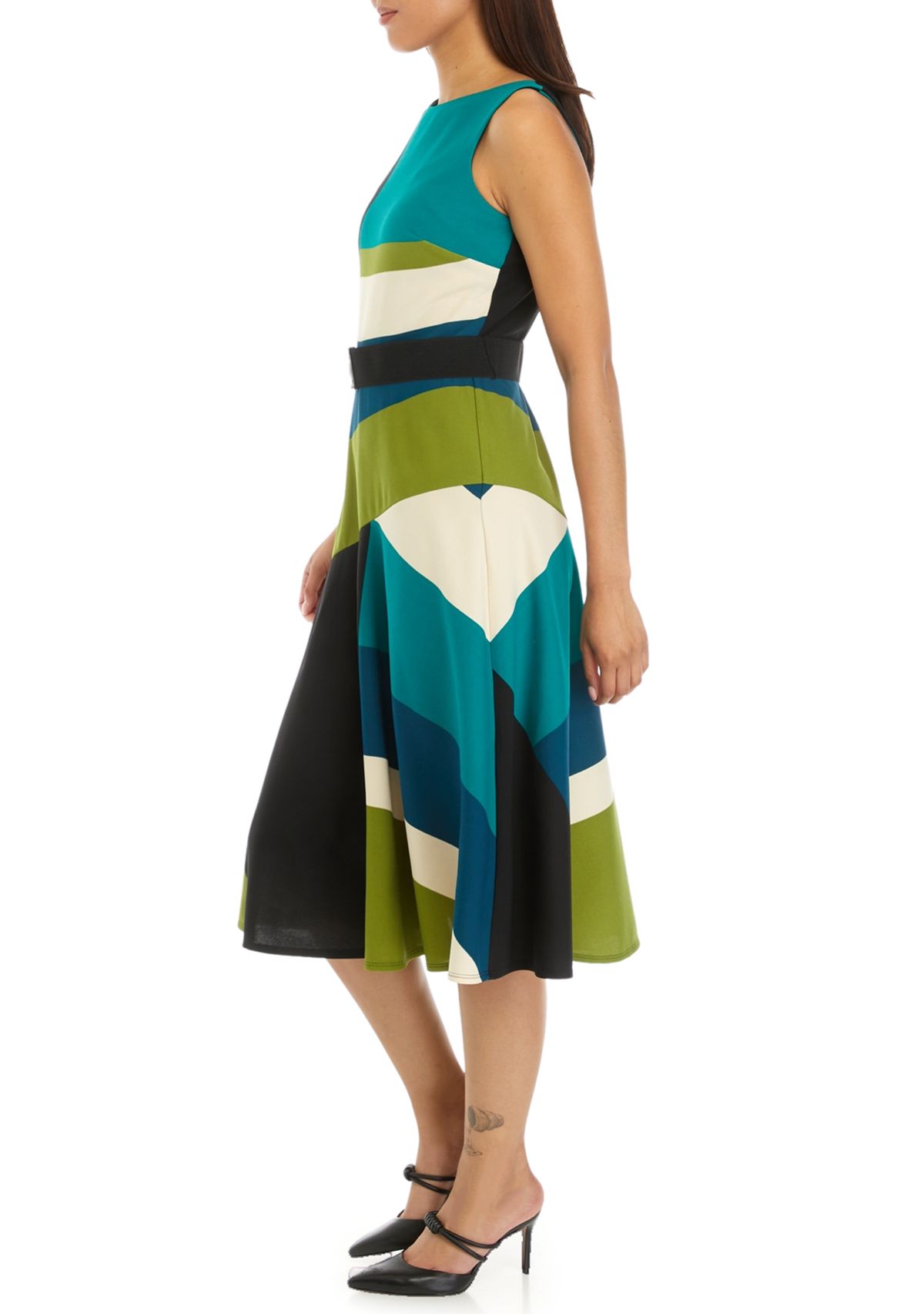 Womens Sleeveless Belted Crepe Color Block Fit and Flare Dress