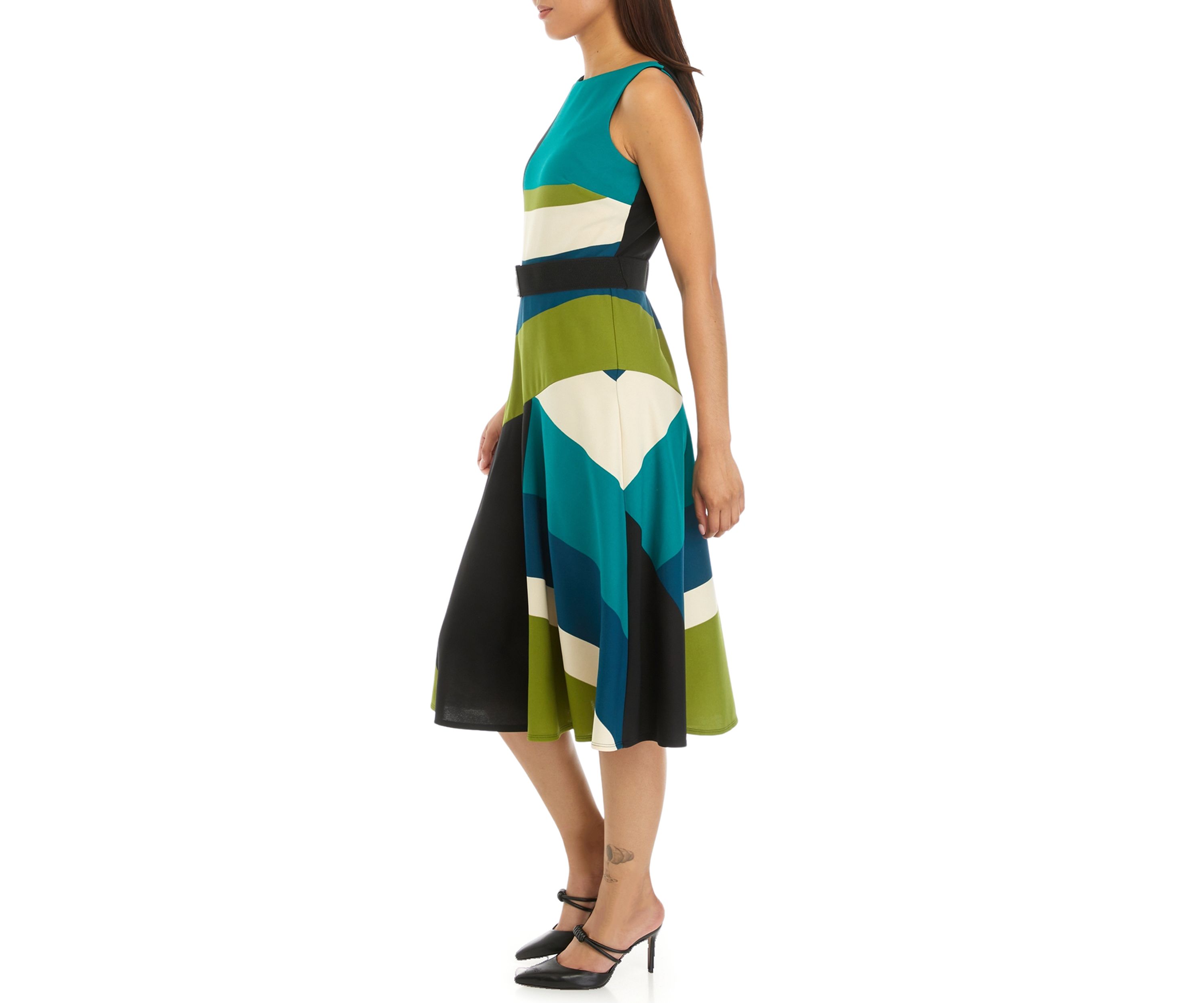 Womens Sleeveless Belted Crepe Color Block Fit and Flare Dress