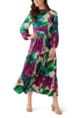Maison Tara Women's Long Sleeve Mock Neck Floral Print Satin Dress, 16