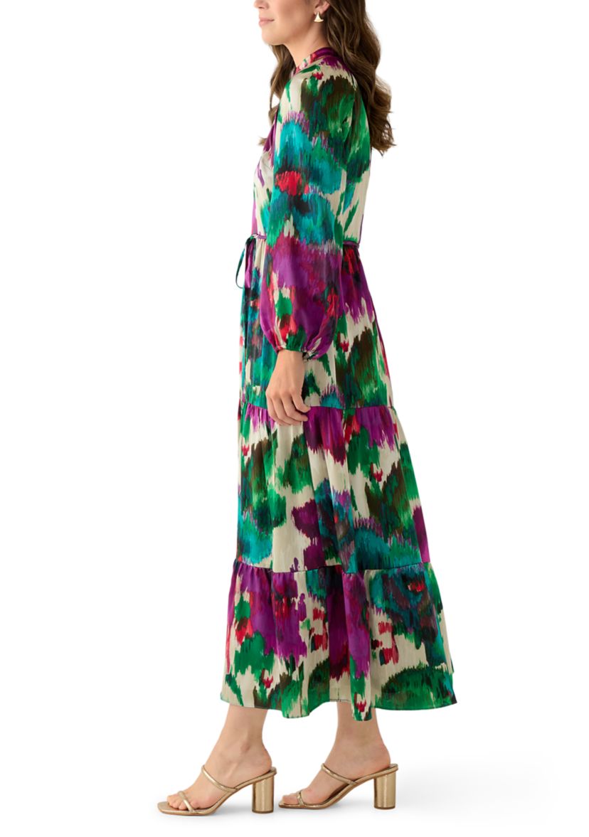Womens Long Sleeve Mock Neck Floral Print Satin Dress