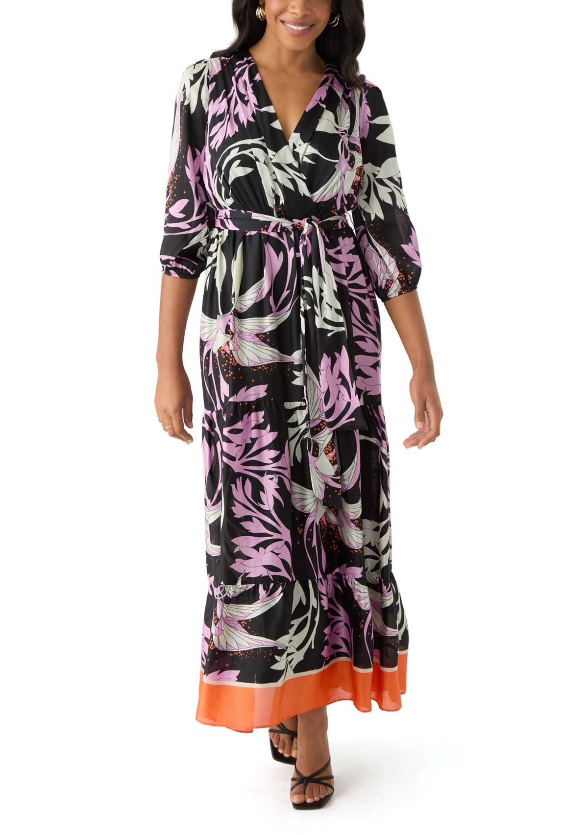 Womens 3/4 Sleeve Printed V-Neck Chiffon Fit and Flare Dress