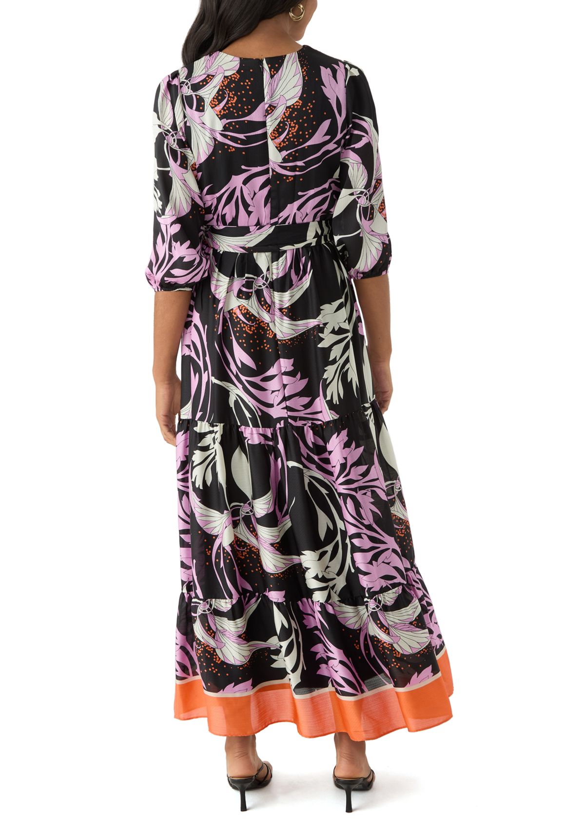 Womens 3/4 Sleeve Printed V-Neck Chiffon Fit and Flare Dress
