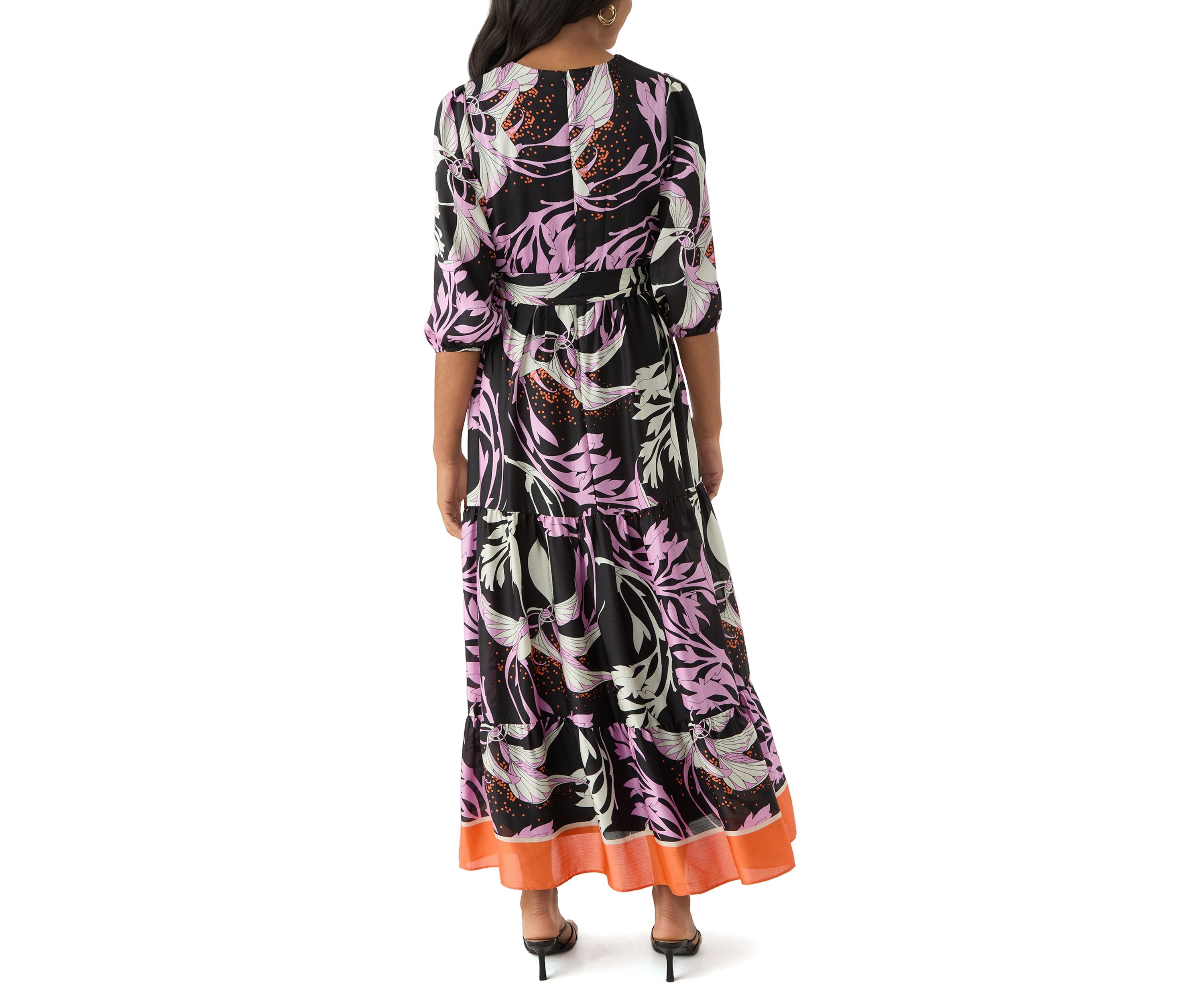 Womens 3/4 Sleeve Printed V-Neck Chiffon Fit and Flare Dress