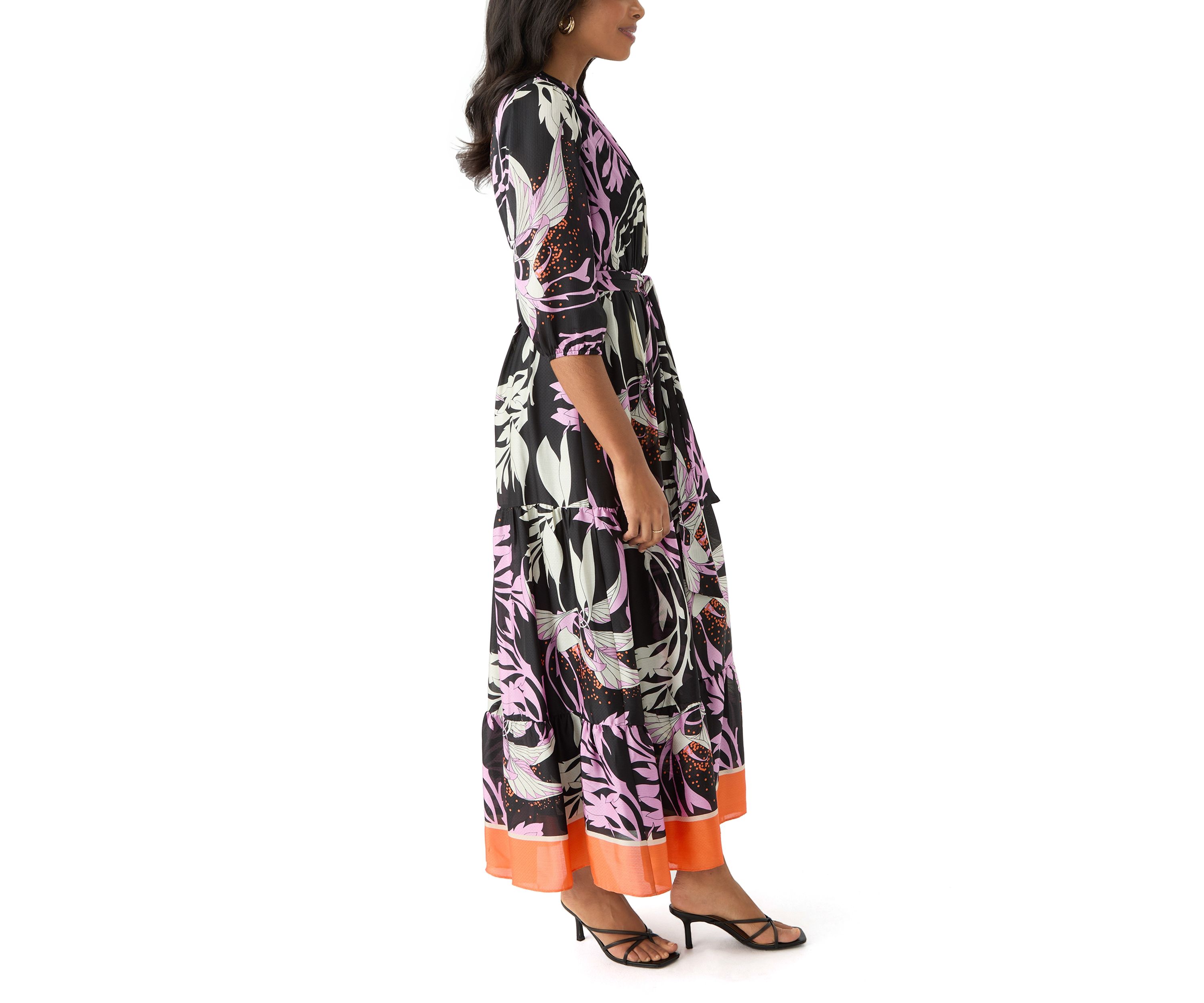 Womens 3/4 Sleeve Printed V-Neck Chiffon Fit and Flare Dress
