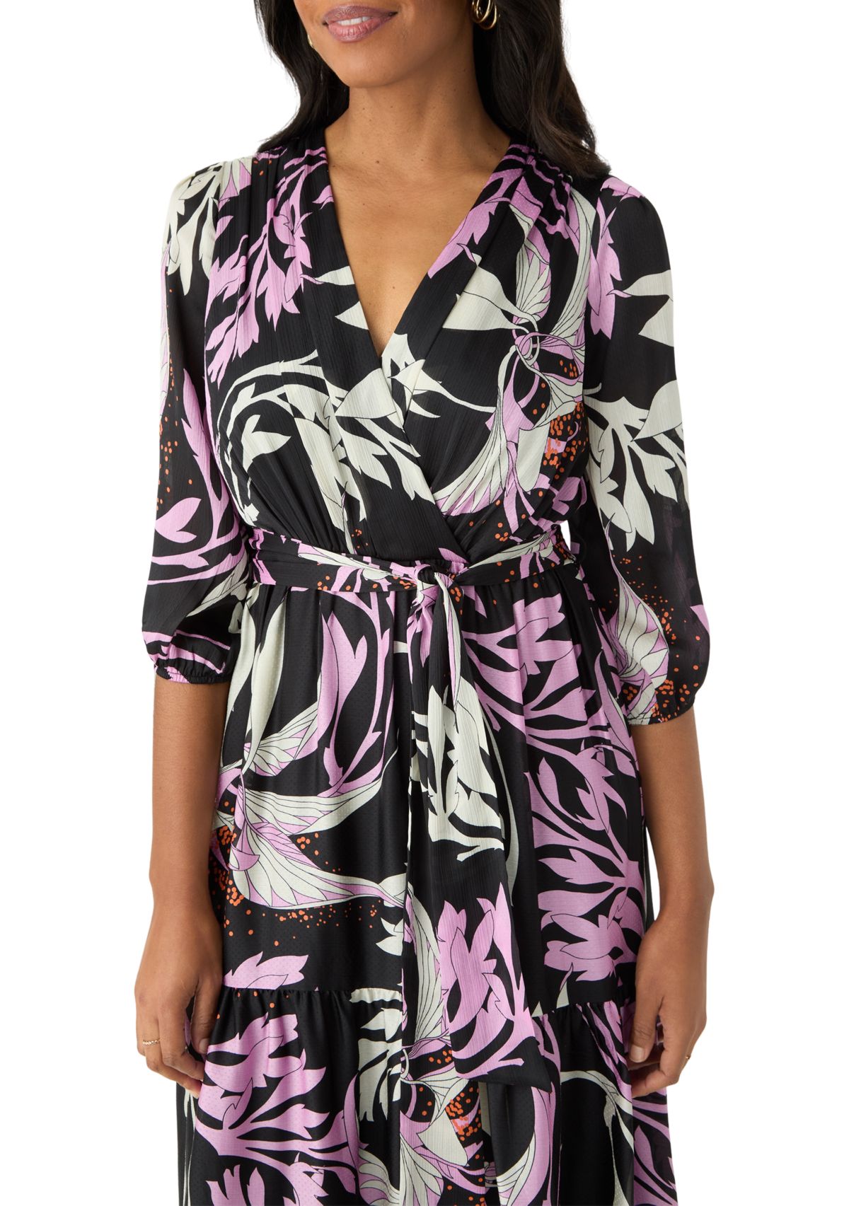 Womens 3/4 Sleeve Printed V-Neck Chiffon Fit and Flare Dress