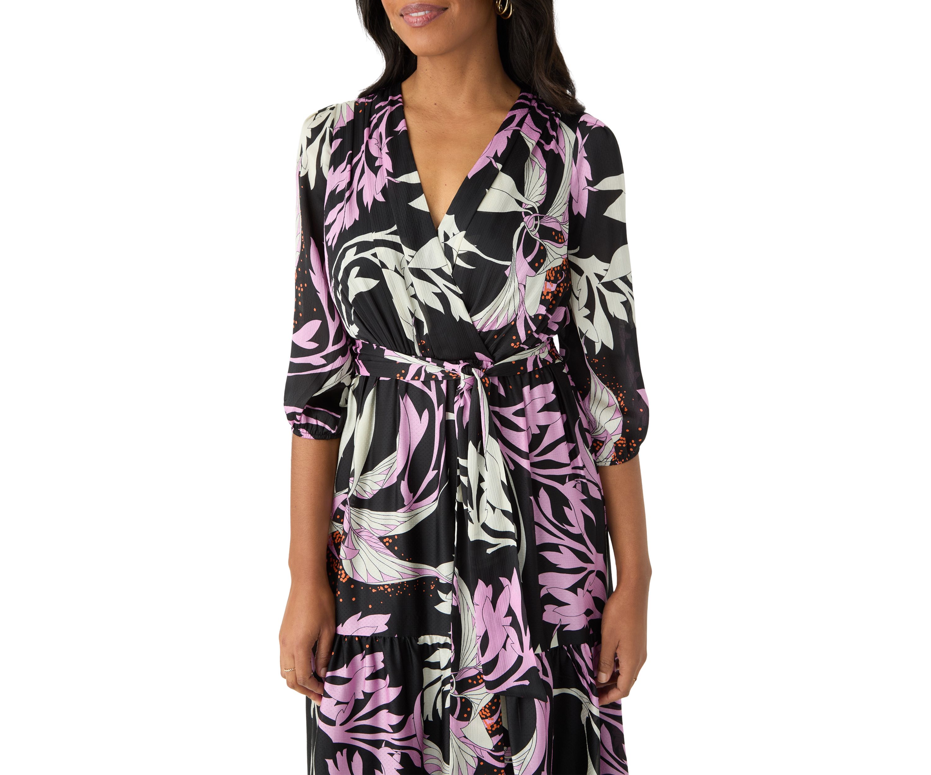 Womens 3/4 Sleeve Printed V-Neck Chiffon Fit and Flare Dress