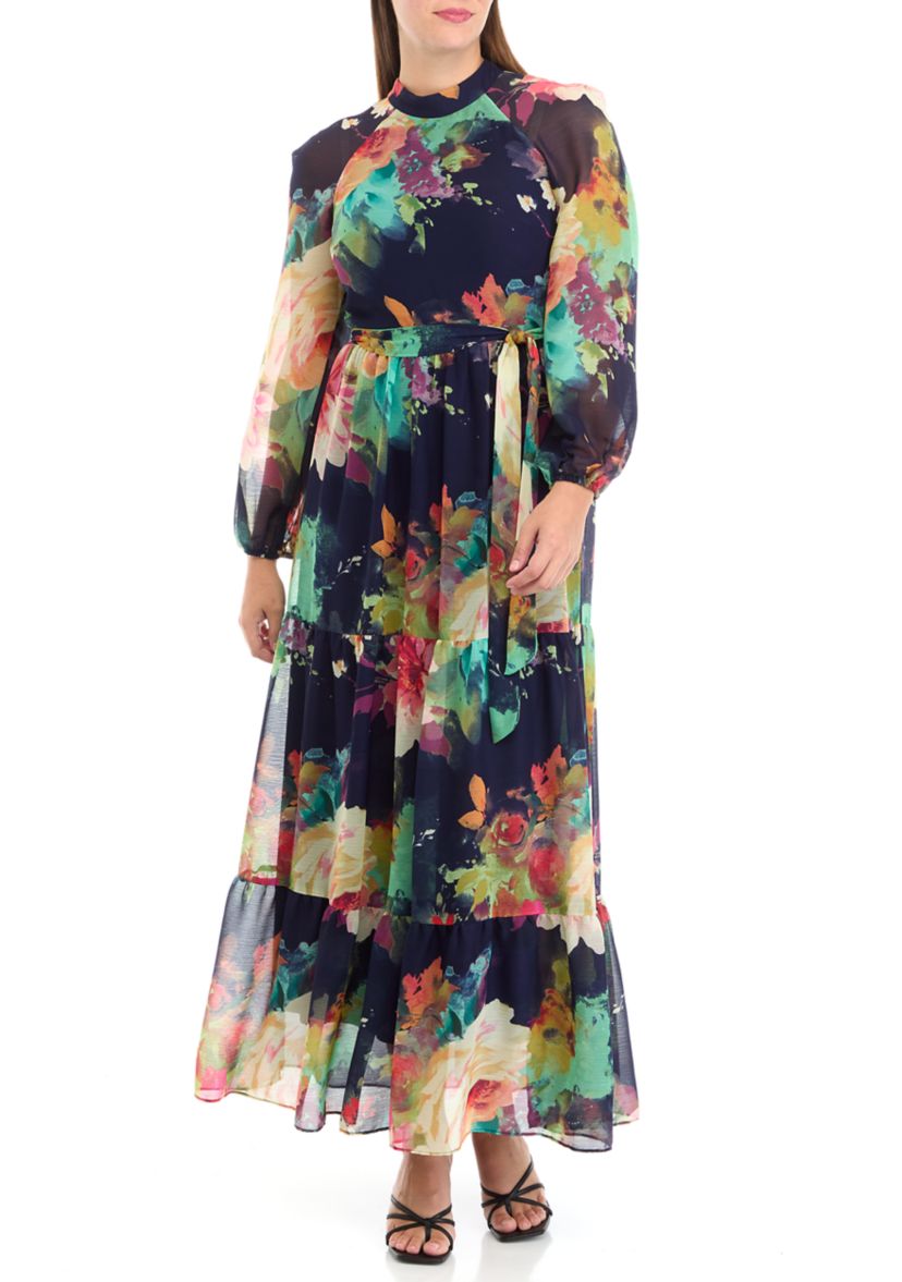 Womens Mock Neck Chiffon Fit and Flare Dress