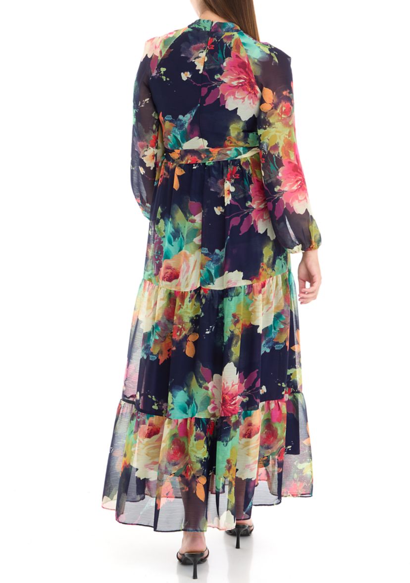 Womens Mock Neck Chiffon Fit and Flare Dress