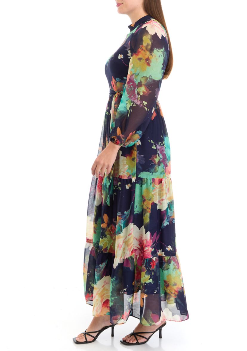 Womens Mock Neck Chiffon Fit and Flare Dress