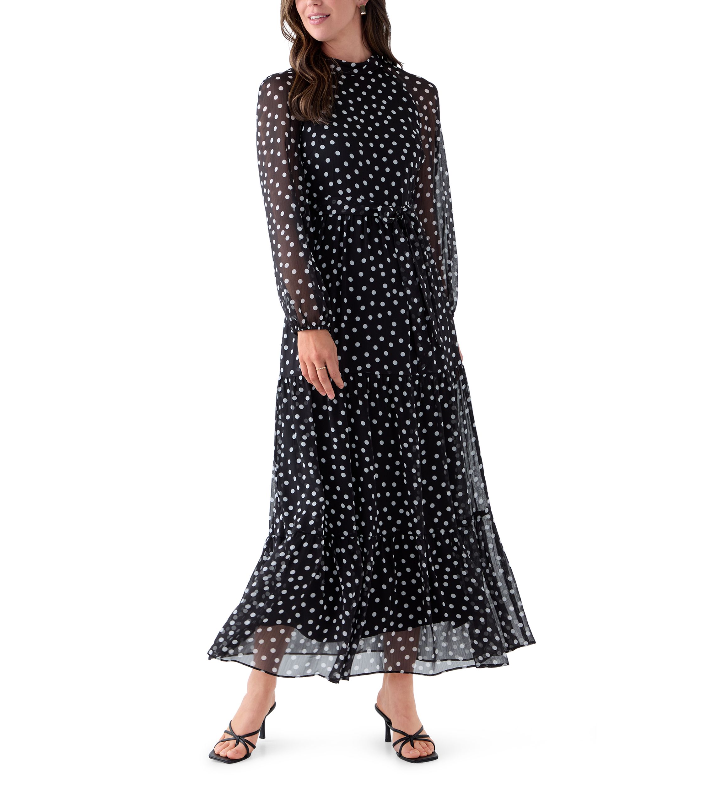 Womens Long Sleeve Mock Neck Polka Dot Chiffon Dress