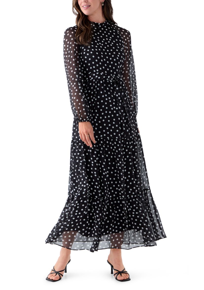 Womens Long Sleeve Mock Neck Polka Dot Chiffon Dress