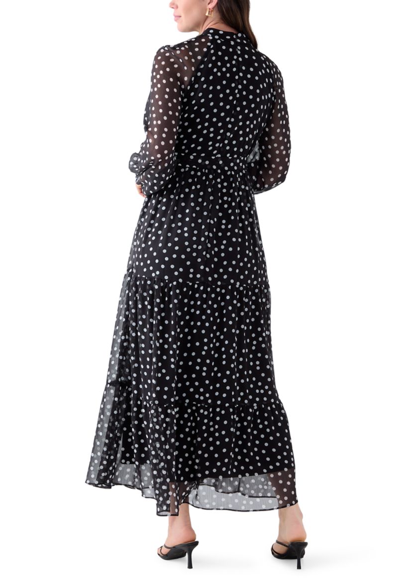 Womens Long Sleeve Mock Neck Polka Dot Chiffon Dress