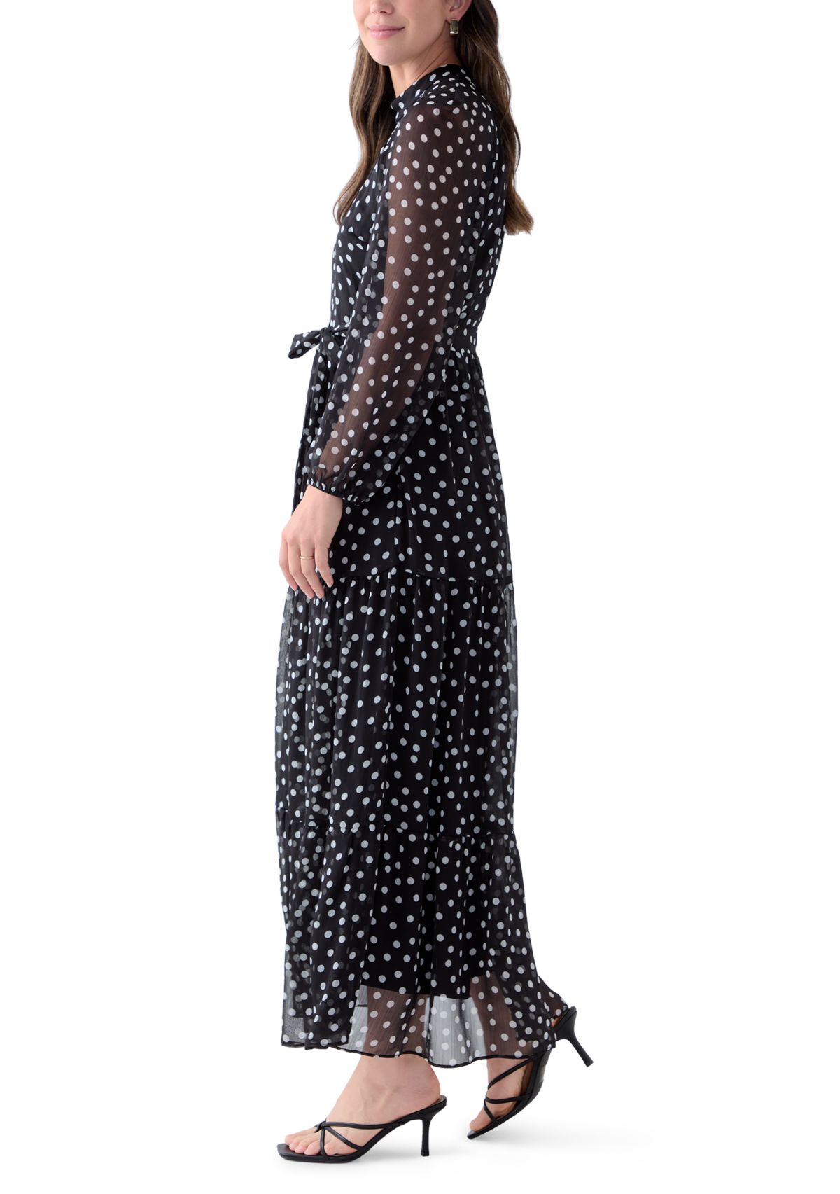 Womens Long Sleeve Mock Neck Polka Dot Chiffon Dress