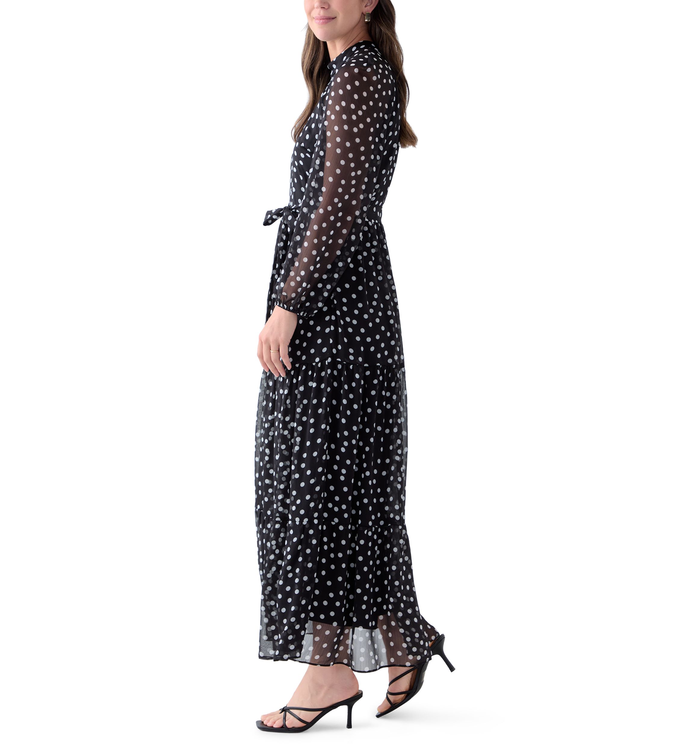 Womens Long Sleeve Mock Neck Polka Dot Chiffon Dress