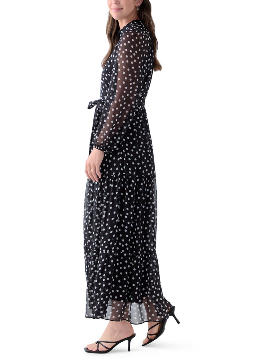 Womens Long Sleeve Mock Neck Polka Dot Chiffon Dress