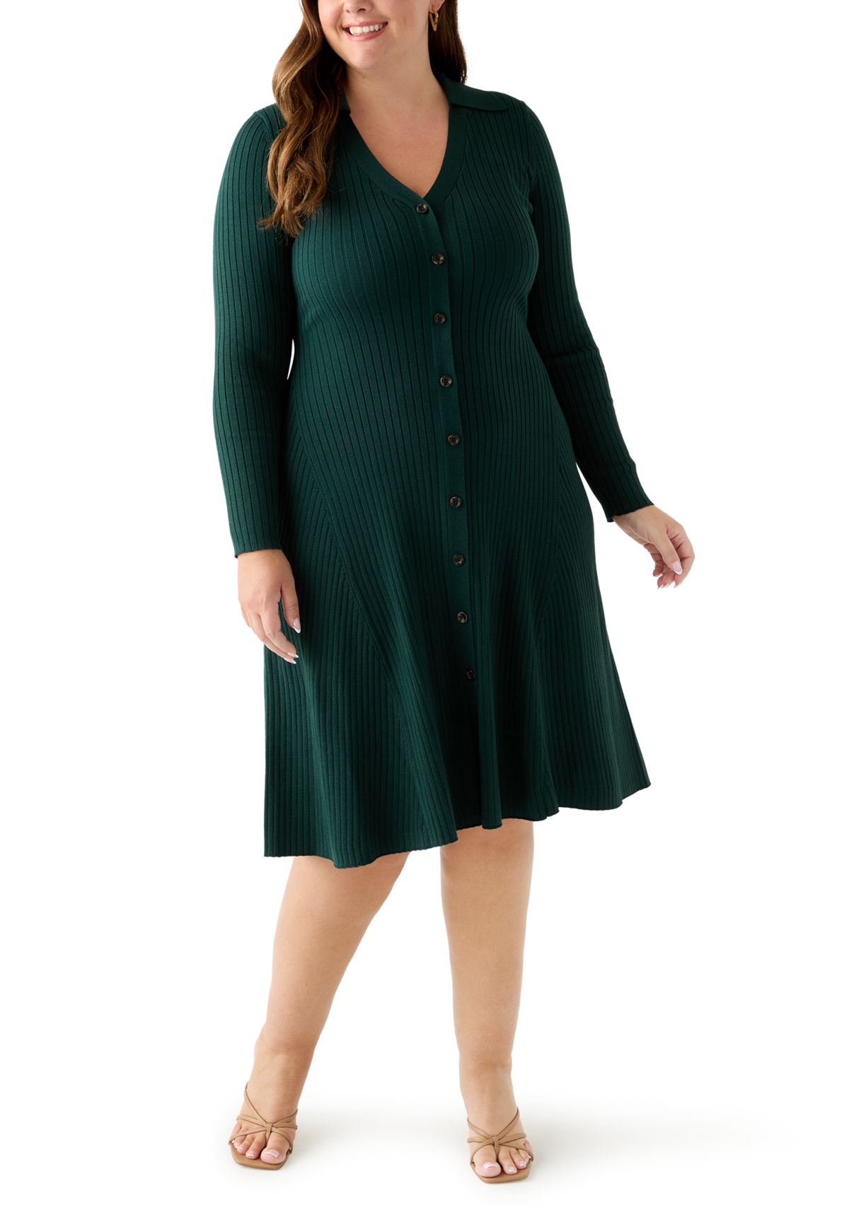  Plus Size Long Sleeve A-Line Sweater Dress