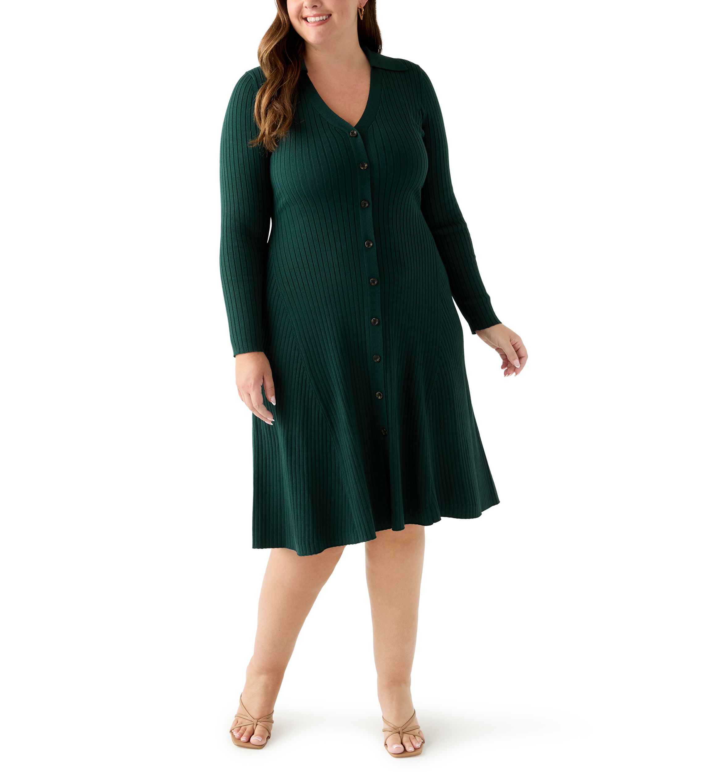  Plus Size Long Sleeve A-Line Sweater Dress