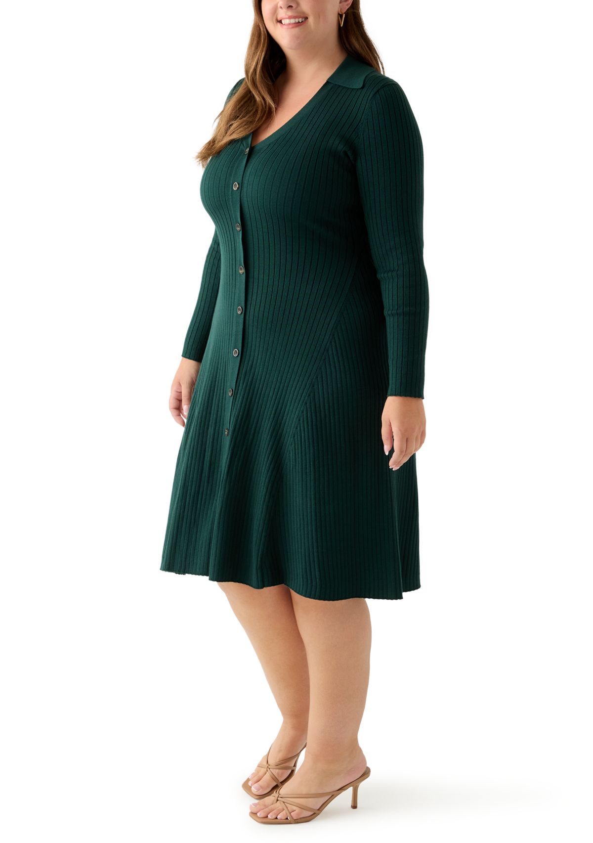  Plus Size Long Sleeve A-Line Sweater Dress
