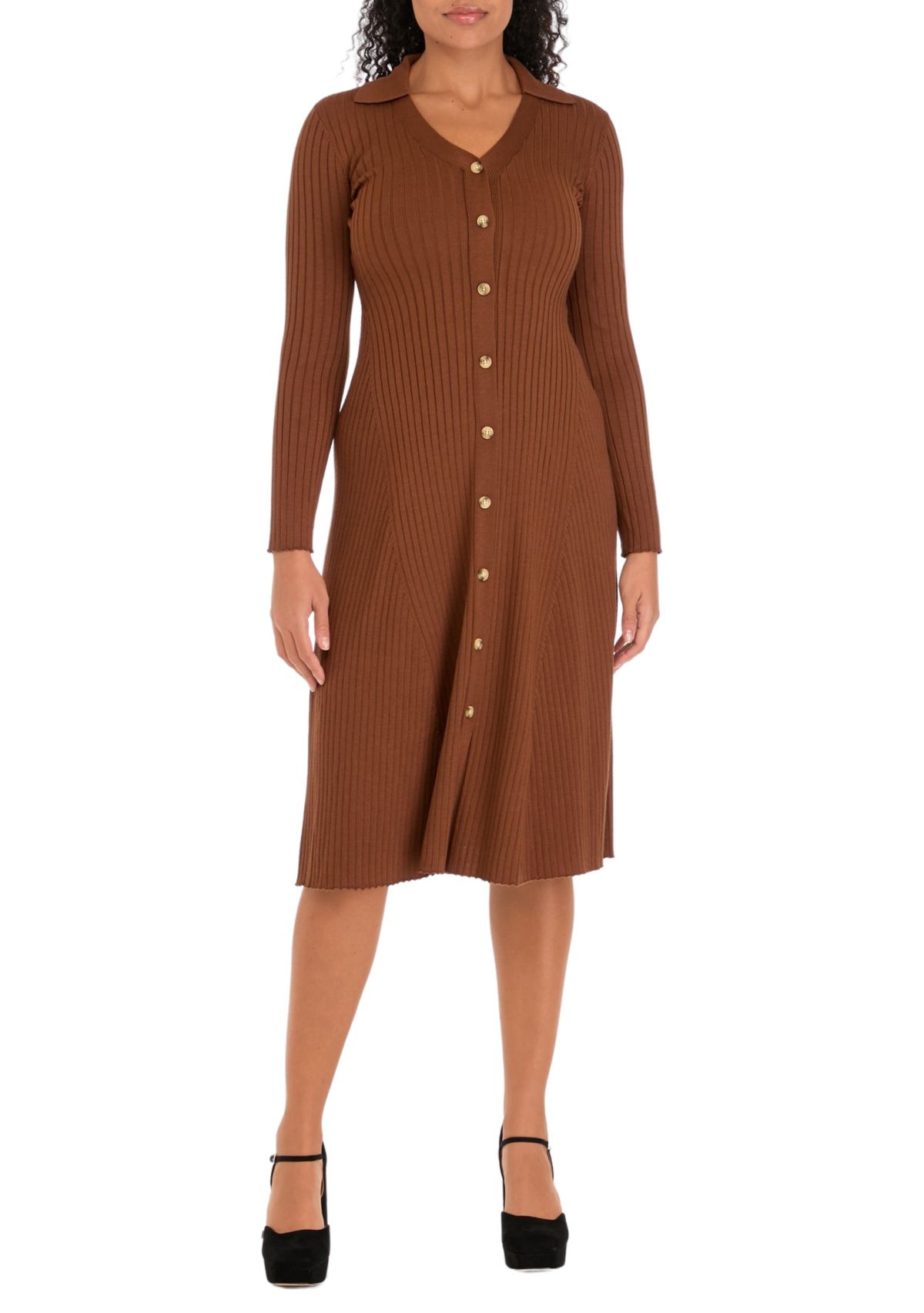 Womens Long Sleeve Collar Button Down Solid Sheath Dress
