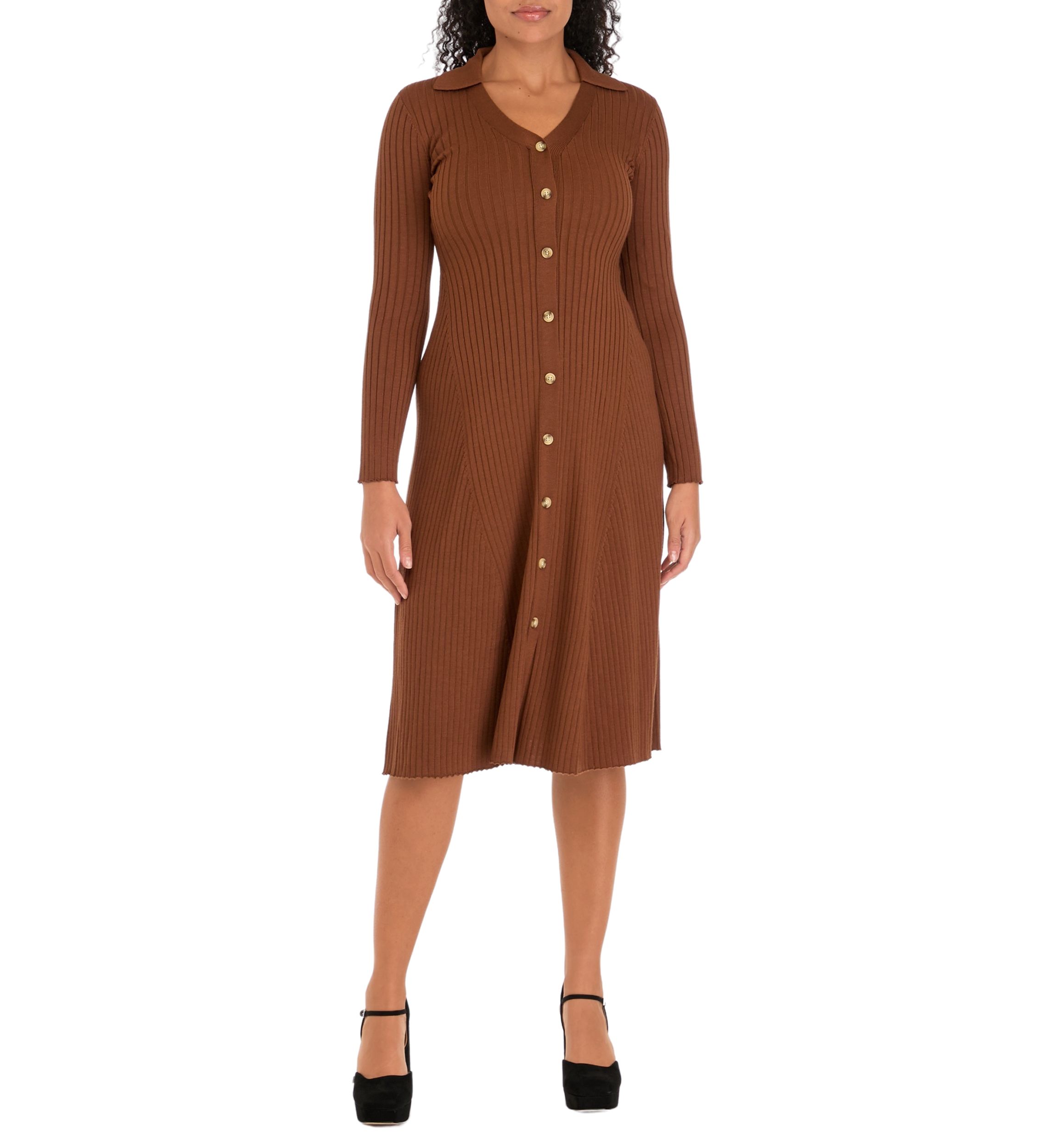 Womens Long Sleeve Collar Button Down Solid Sheath Dress