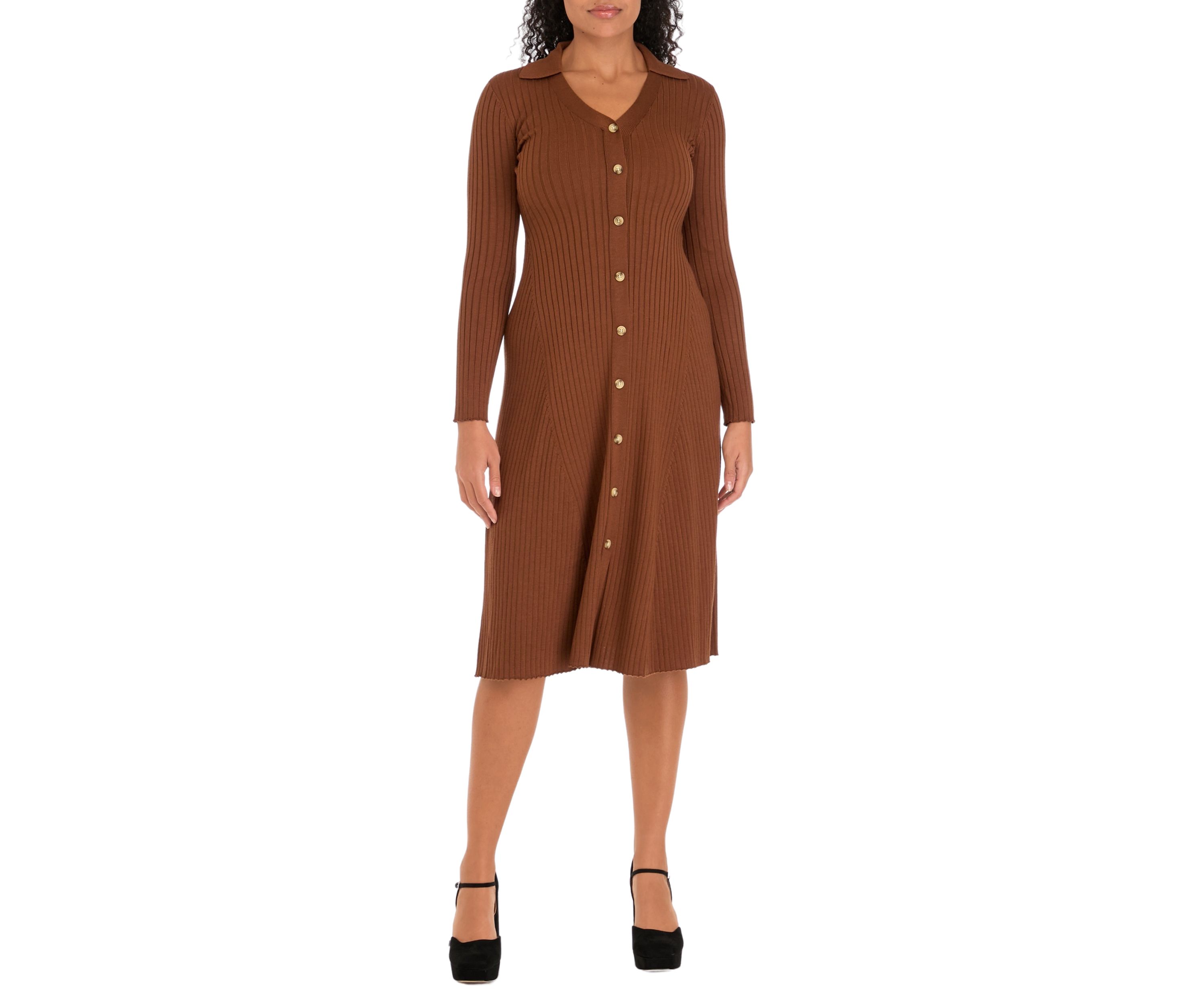 Womens Long Sleeve Collar Button Down Solid Sheath Dress