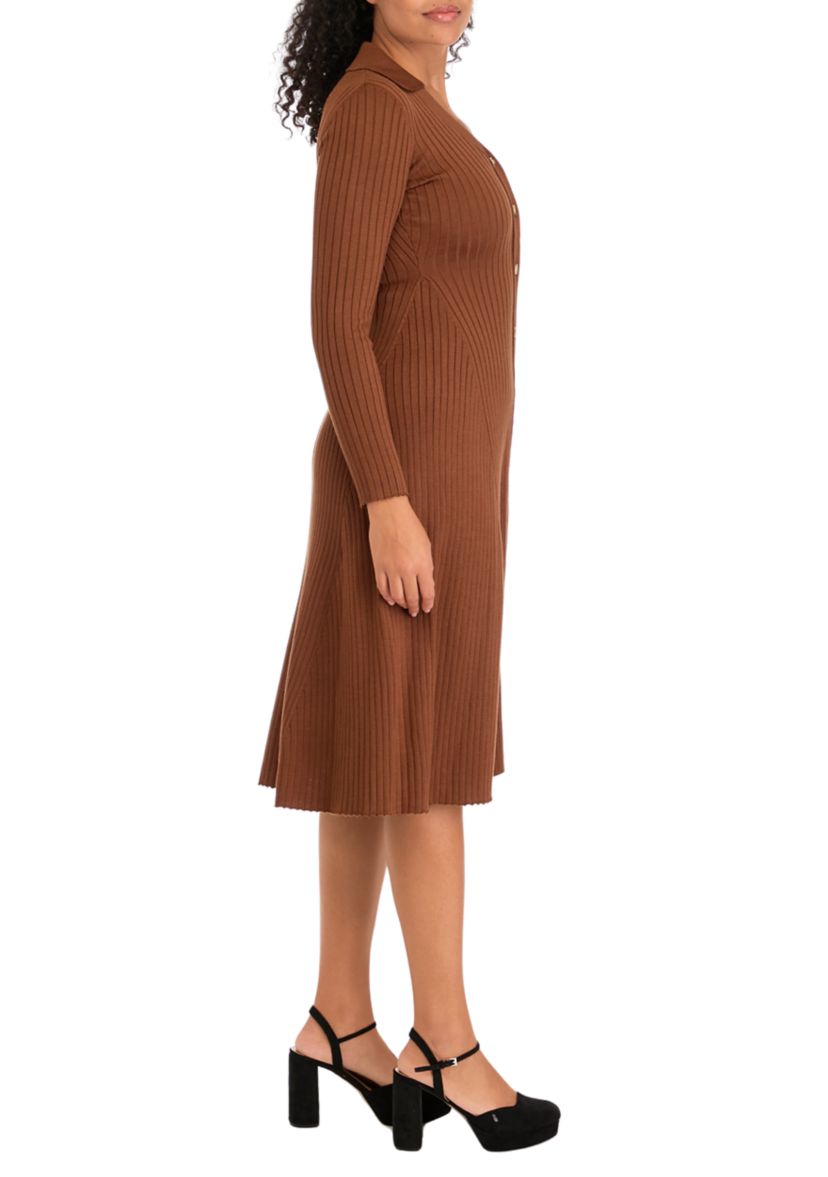 Womens Long Sleeve Collar Button Down Solid Sheath Dress
