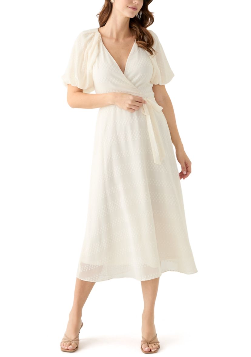 Womens Elbow Puff Sleeve V-Neck Dot Print Fit and Flare Dress