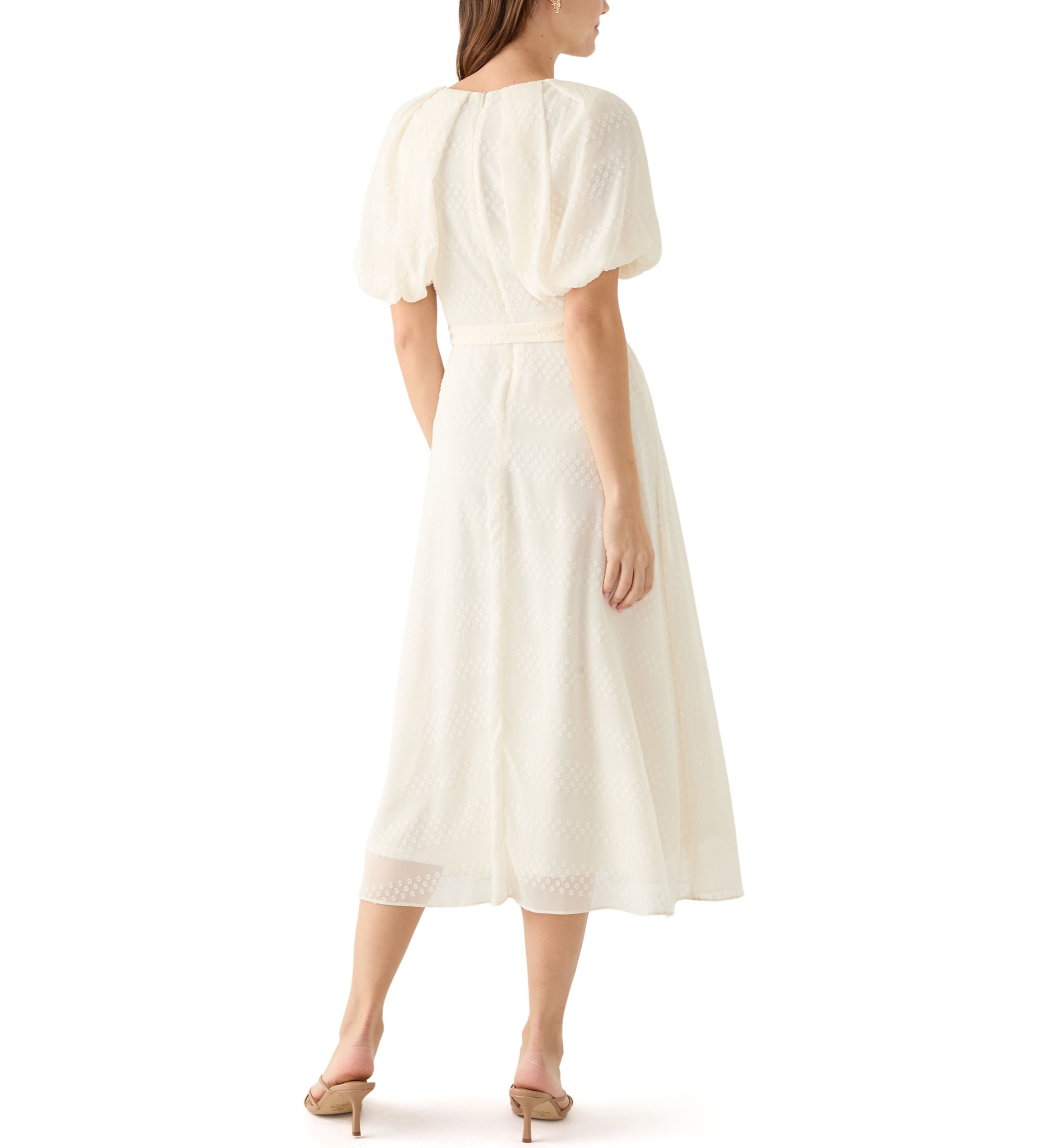 Womens Elbow Puff Sleeve V-Neck Dot Print Fit and Flare Dress