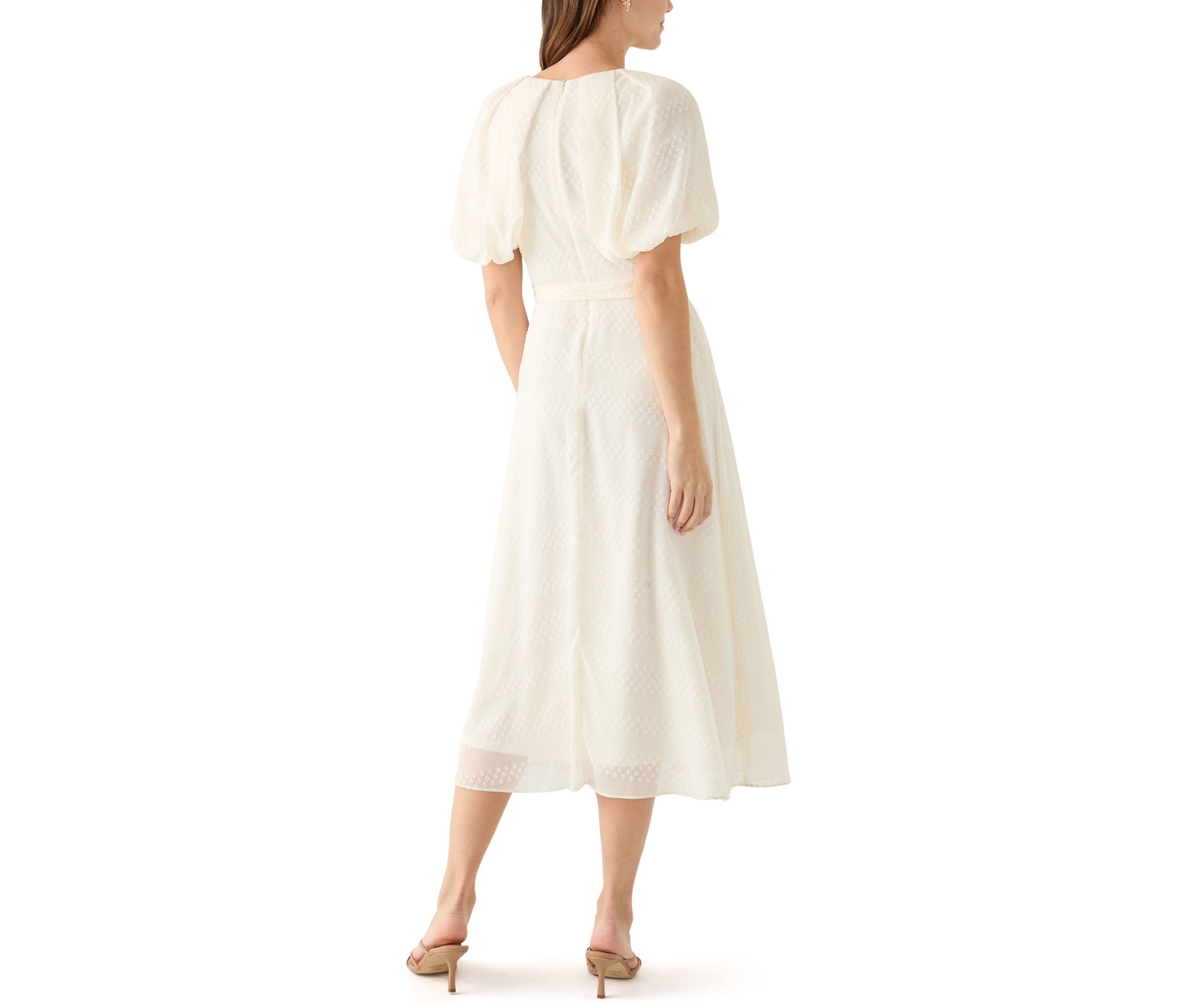 Womens Elbow Puff Sleeve V-Neck Dot Print Fit and Flare Dress