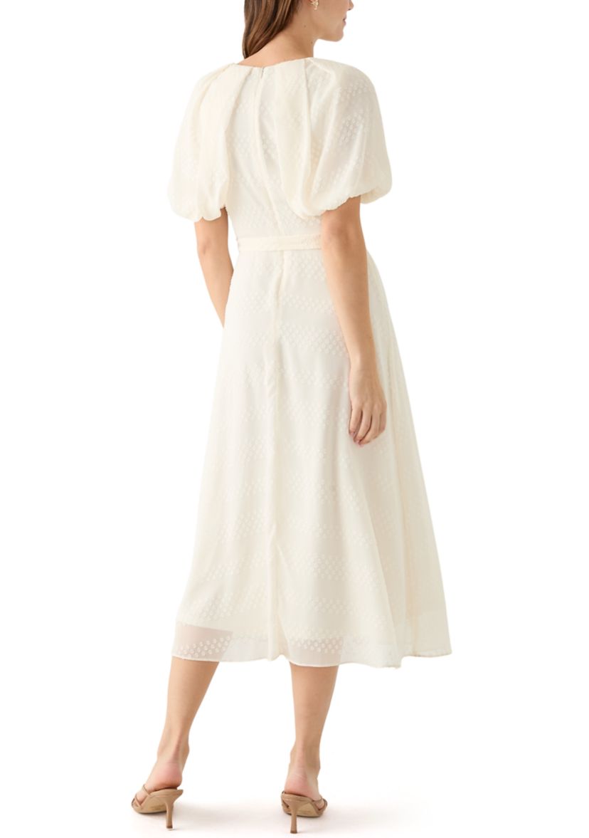 Womens Elbow Puff Sleeve V-Neck Dot Print Fit and Flare Dress