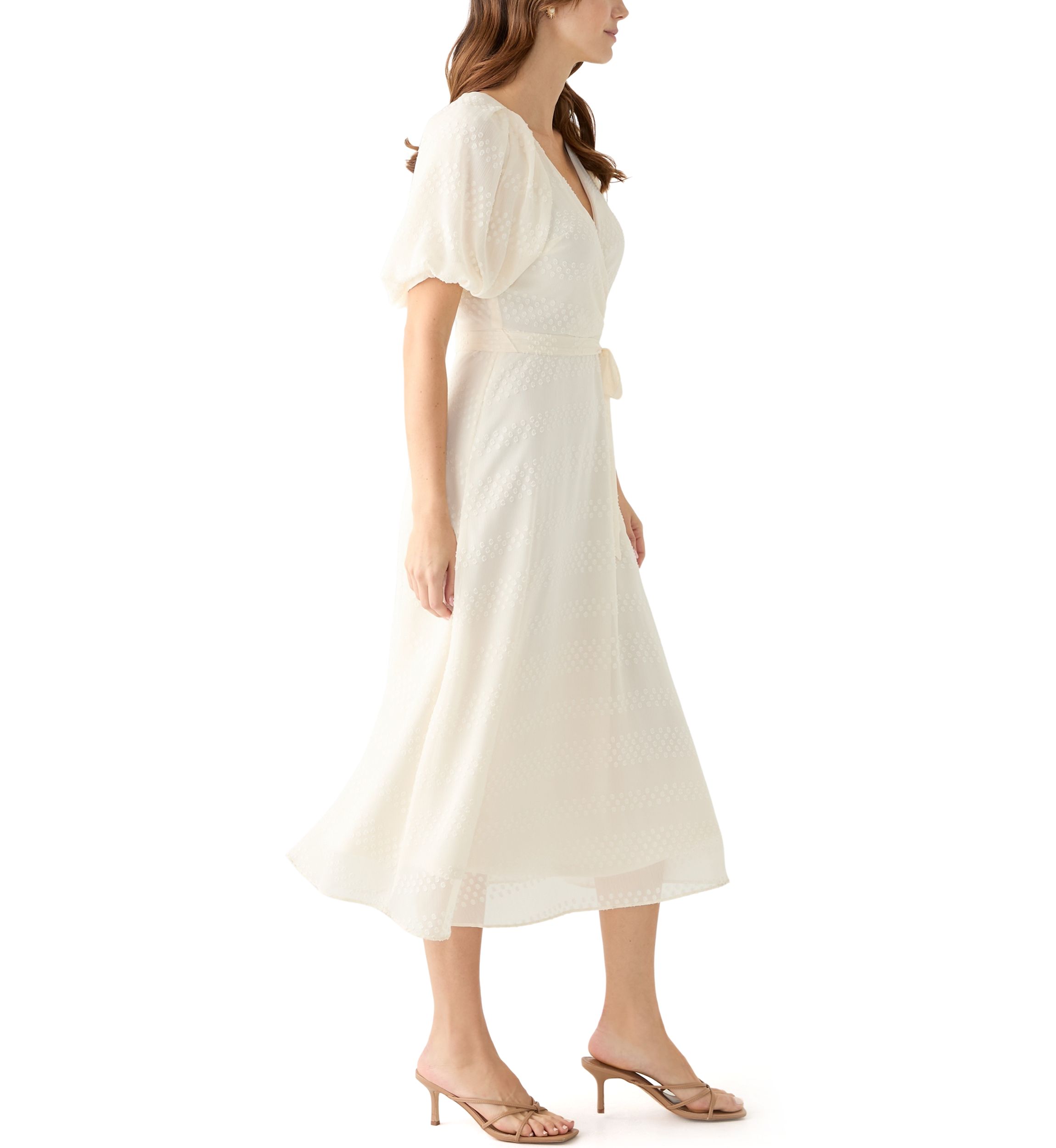 Womens Elbow Puff Sleeve V-Neck Dot Print Fit and Flare Dress