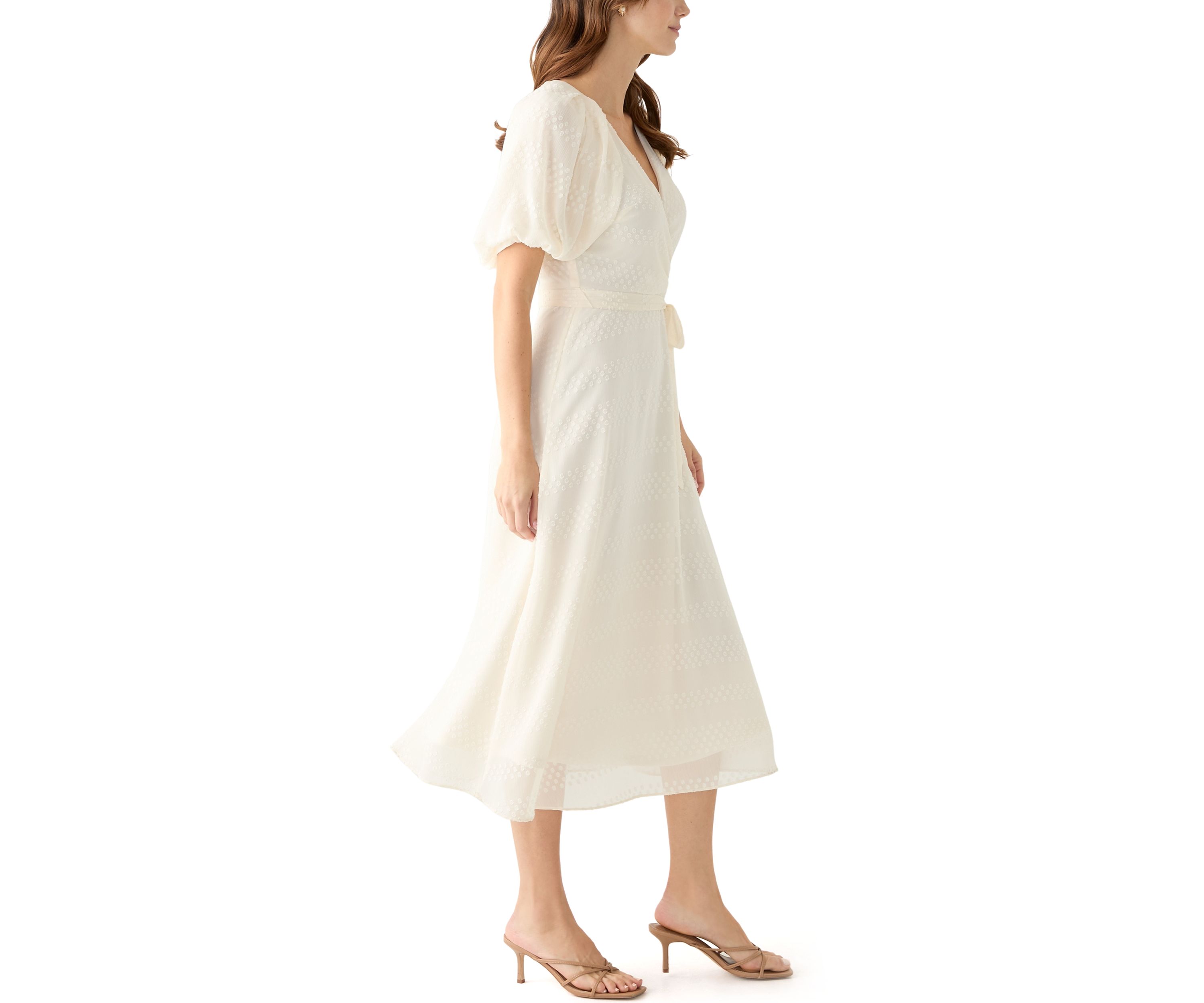 Womens Elbow Puff Sleeve V-Neck Dot Print Fit and Flare Dress