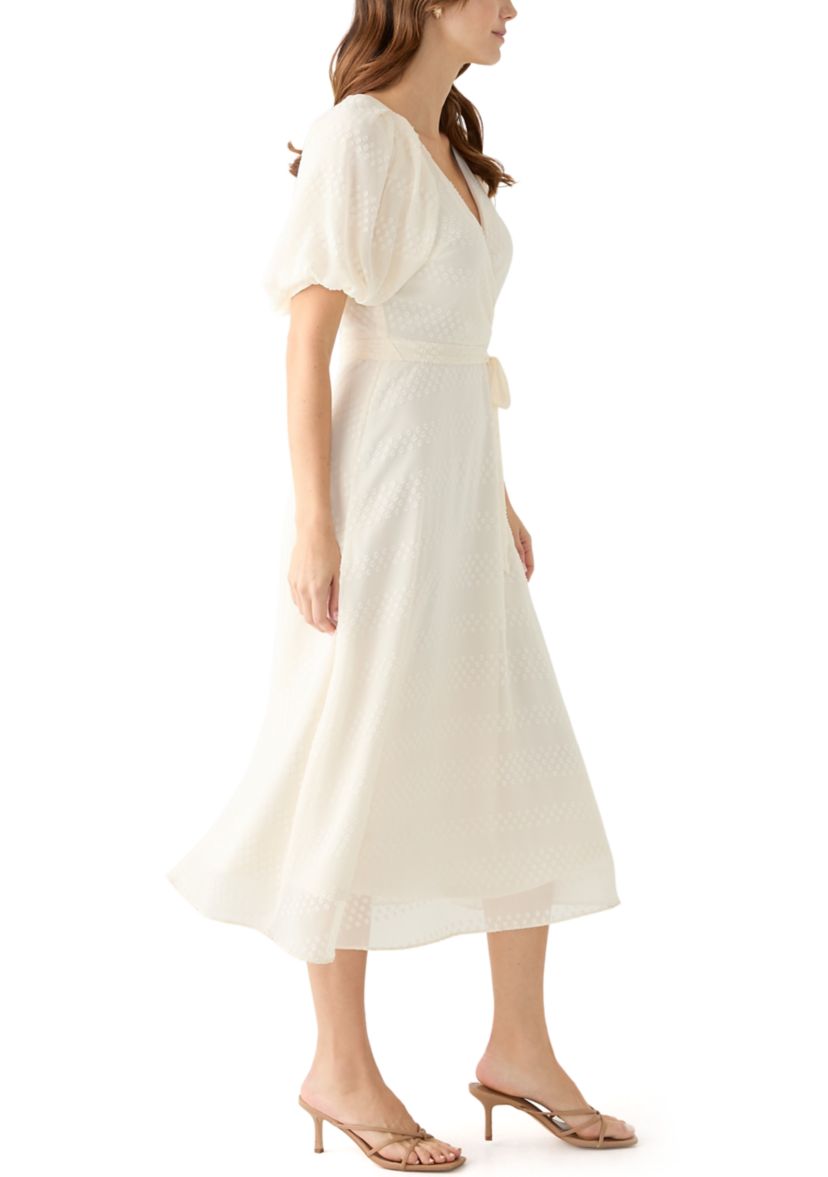 Womens Elbow Puff Sleeve V-Neck Dot Print Fit and Flare Dress