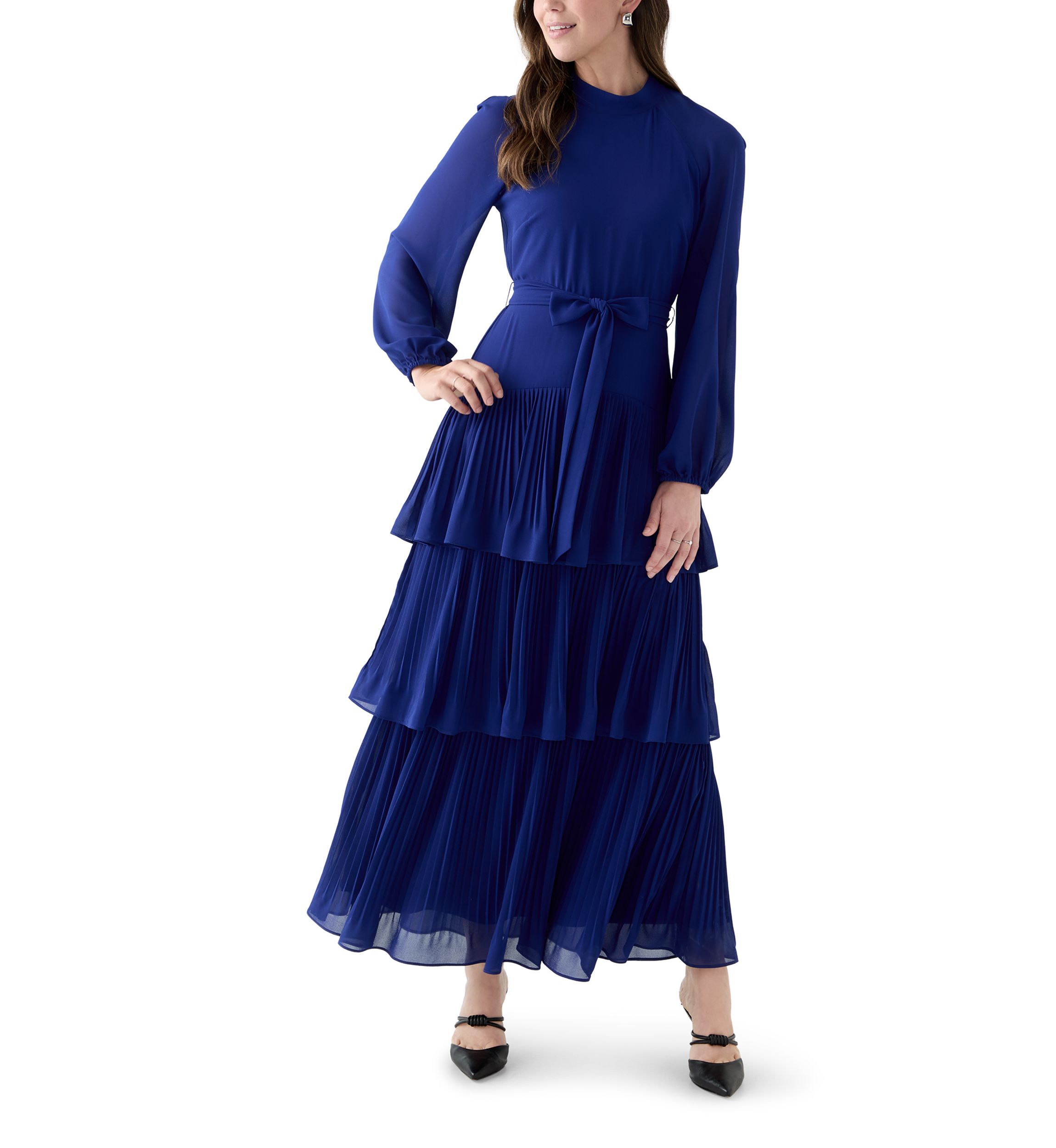 Womens Long Sleeve Mock Neck Solid Chiffon Gown