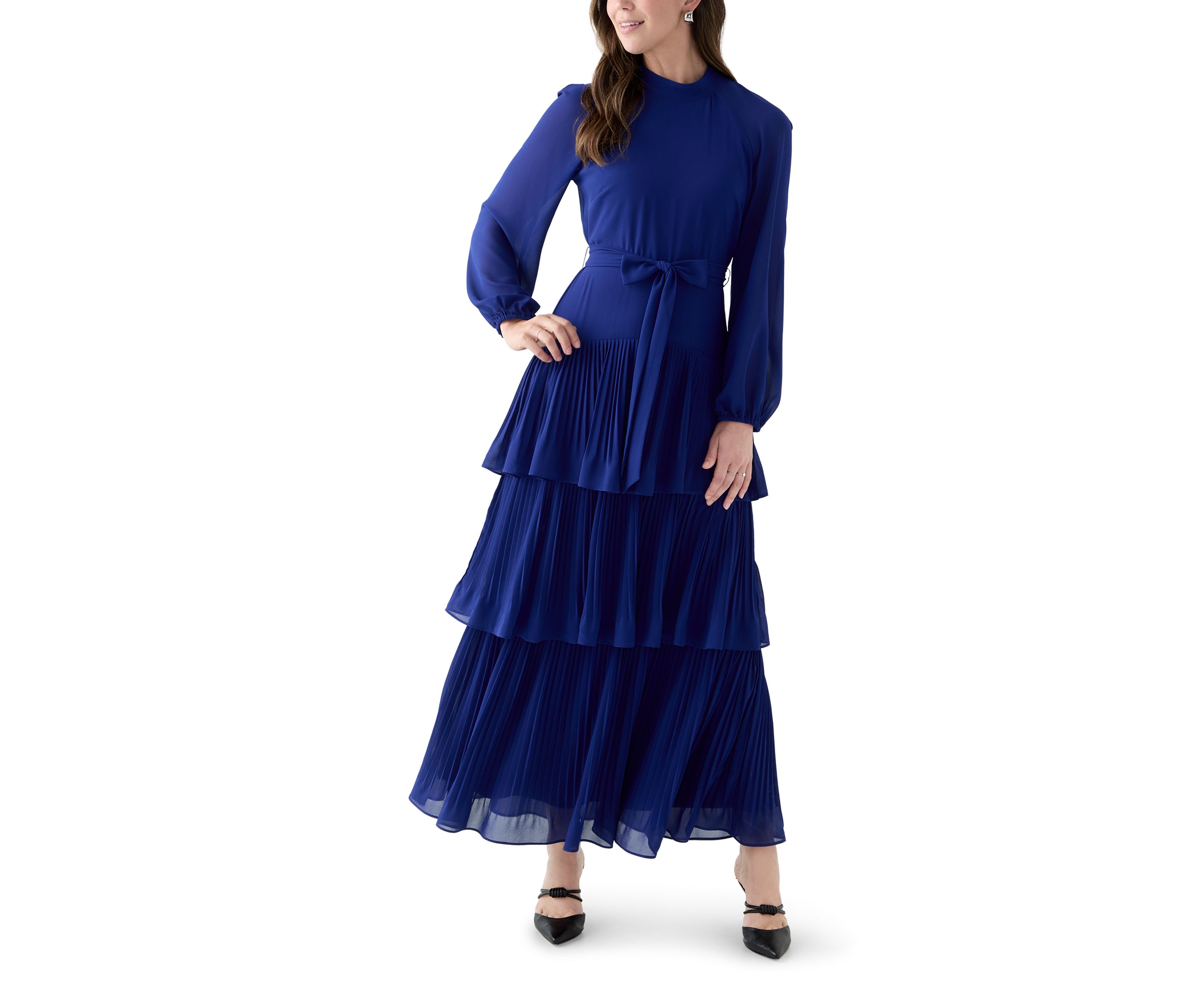 Womens Long Sleeve Mock Neck Solid Chiffon Gown