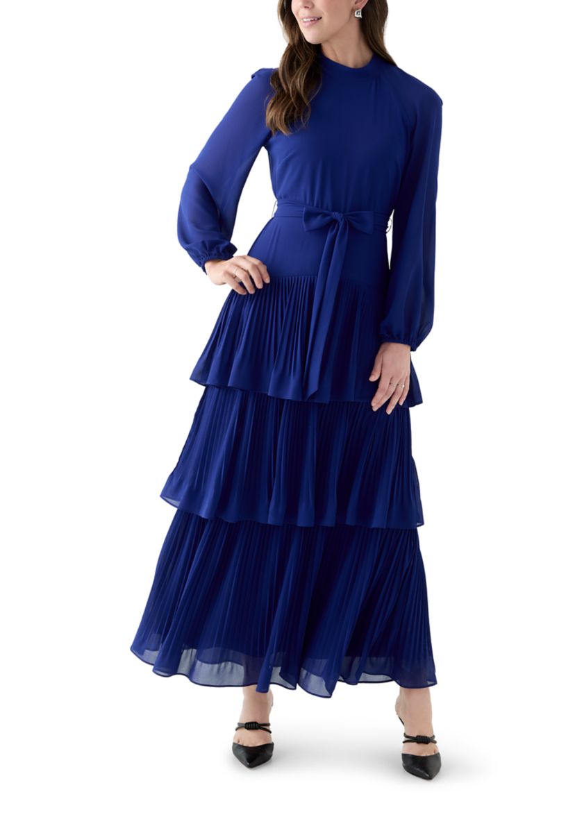 Womens Long Sleeve Mock Neck Solid Chiffon Gown