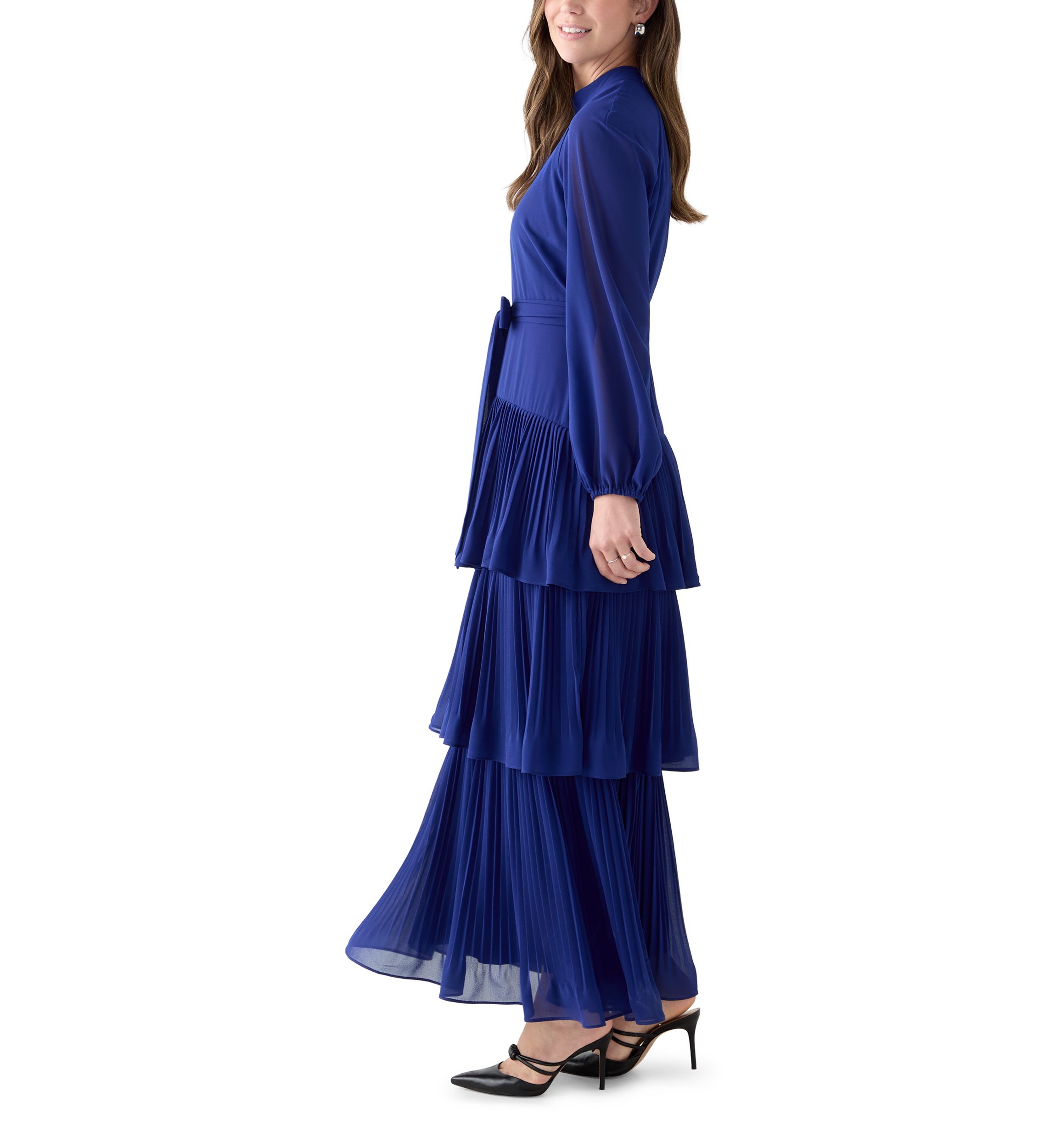 Womens Long Sleeve Mock Neck Solid Chiffon Gown