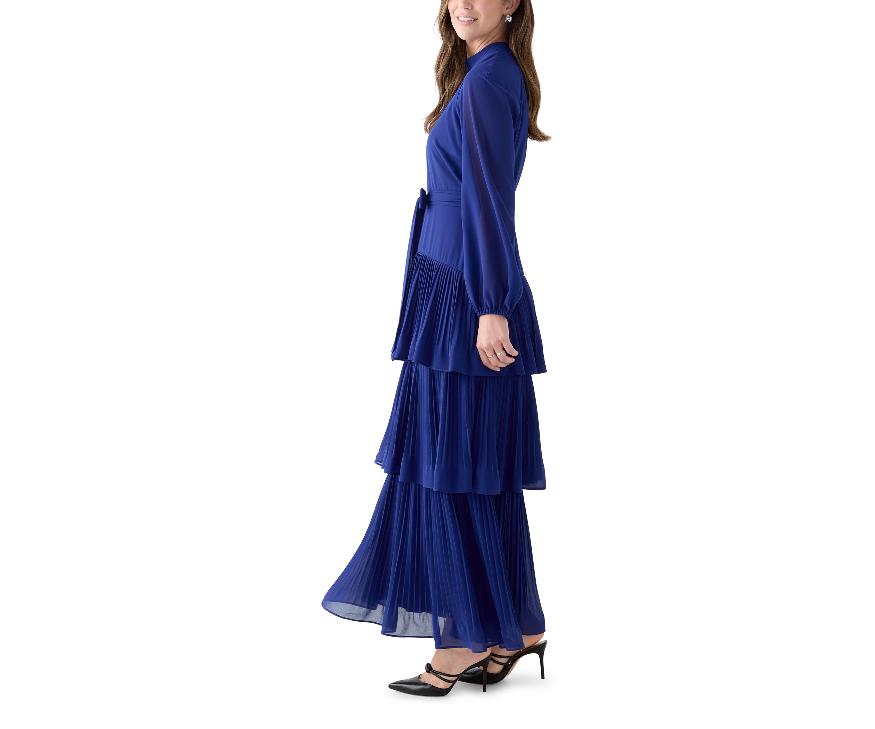 Womens Long Sleeve Mock Neck Solid Chiffon Gown