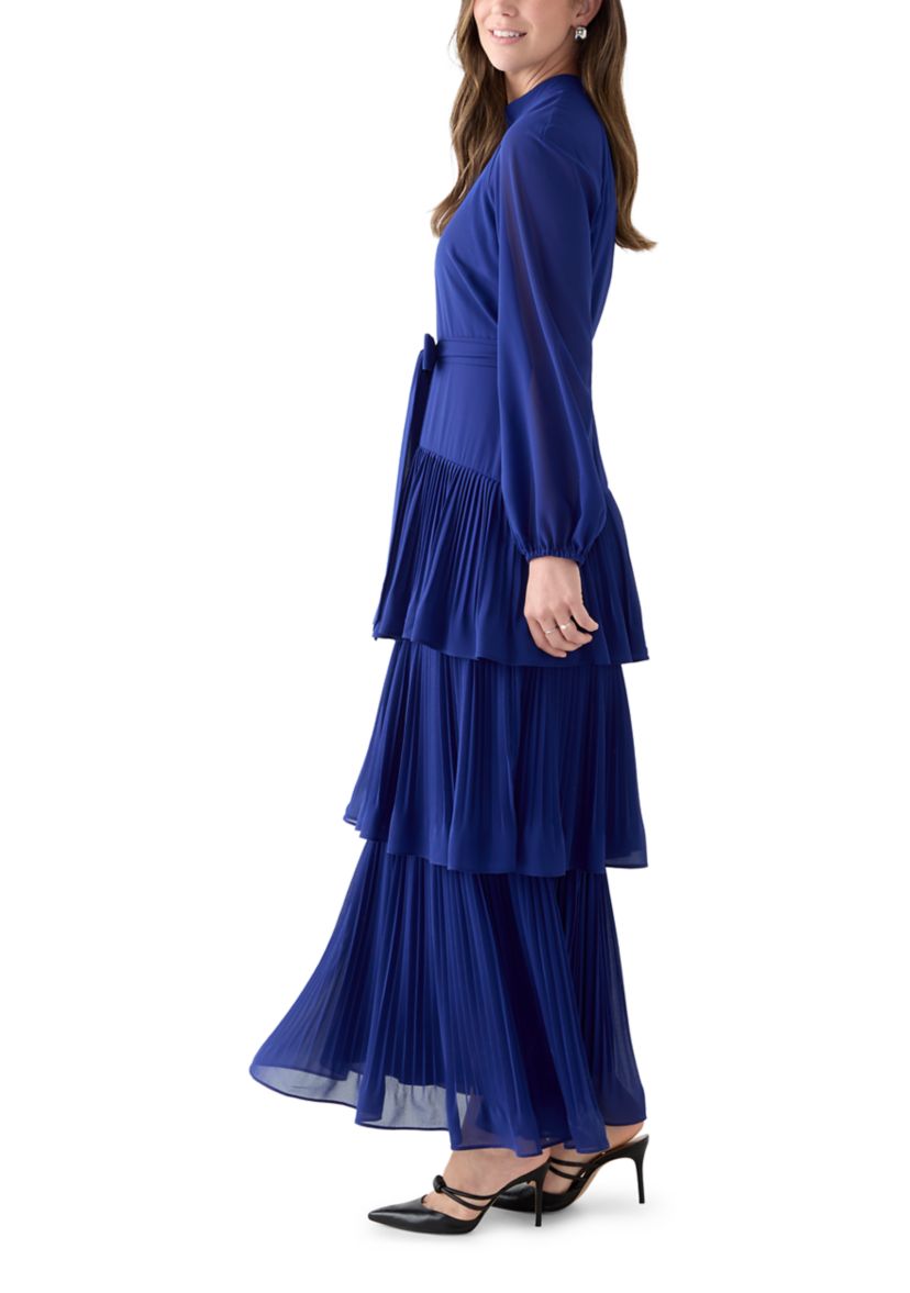 Womens Long Sleeve Mock Neck Solid Chiffon Gown