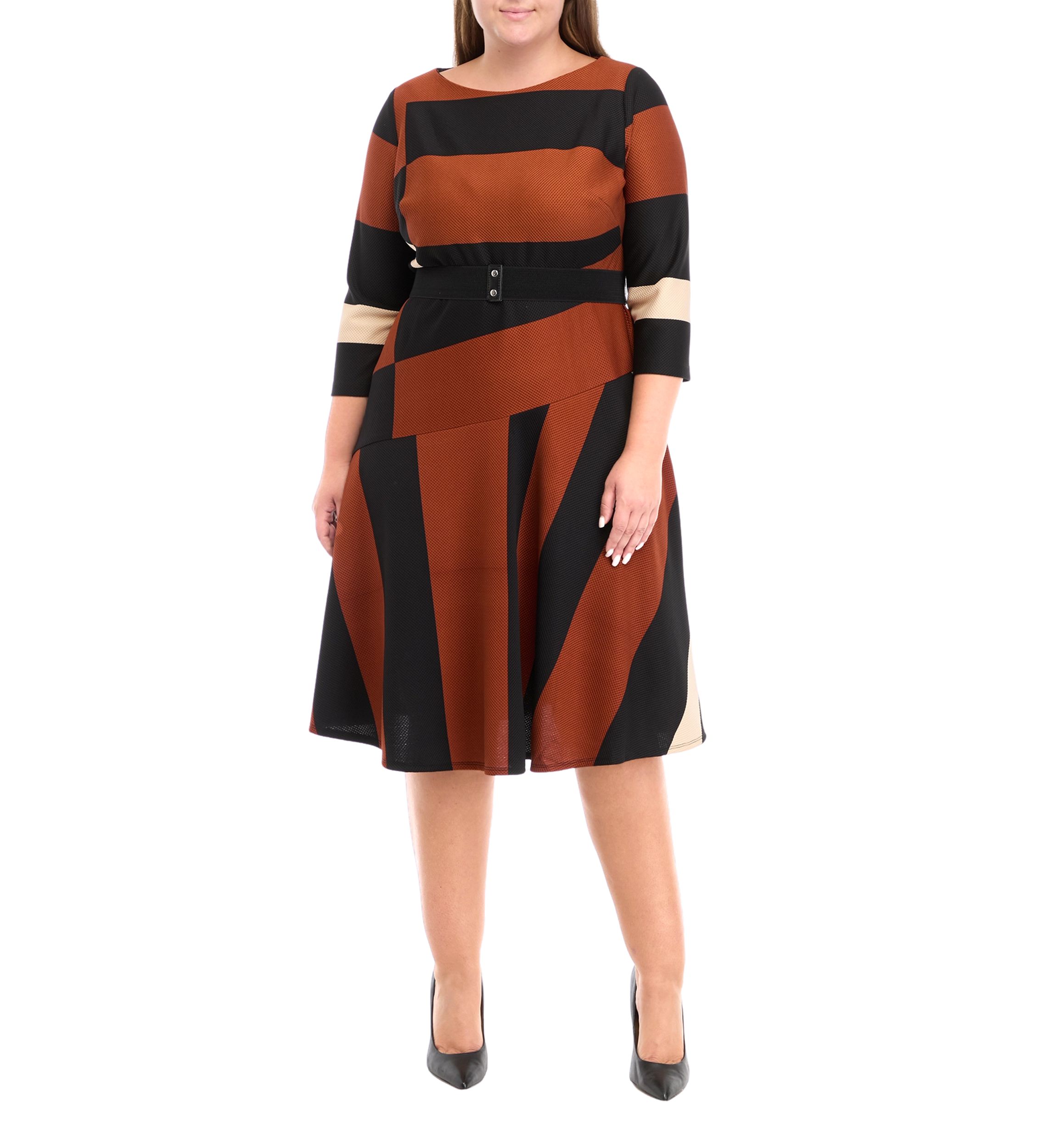 Plus Size 3/4 Sleeve Printed Belted Fit and Flare Dress
