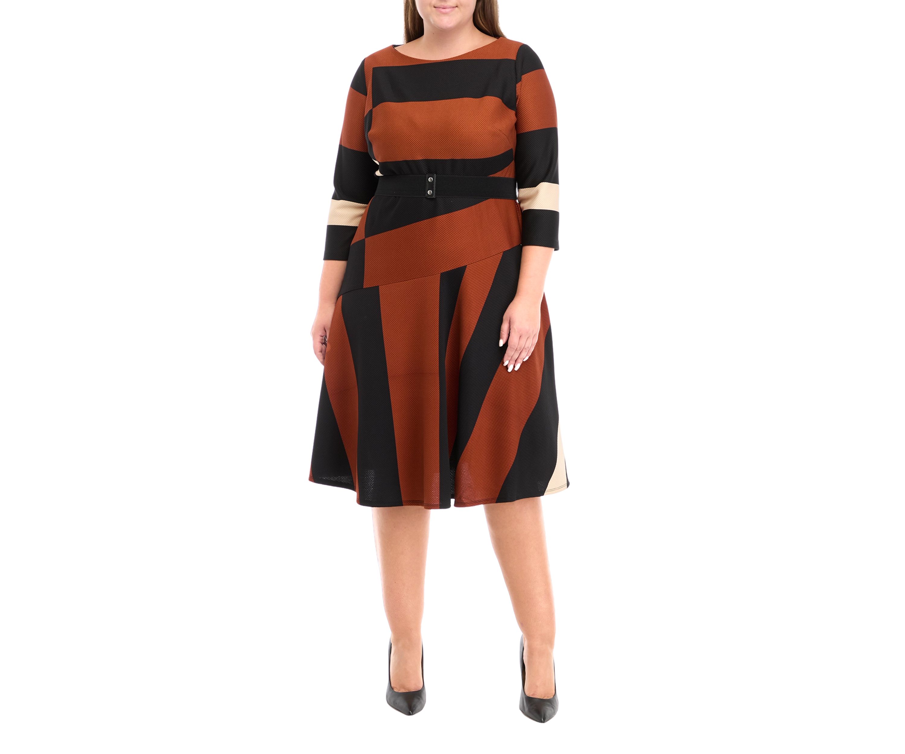 Plus Size 3/4 Sleeve Printed Belted Fit and Flare Dress