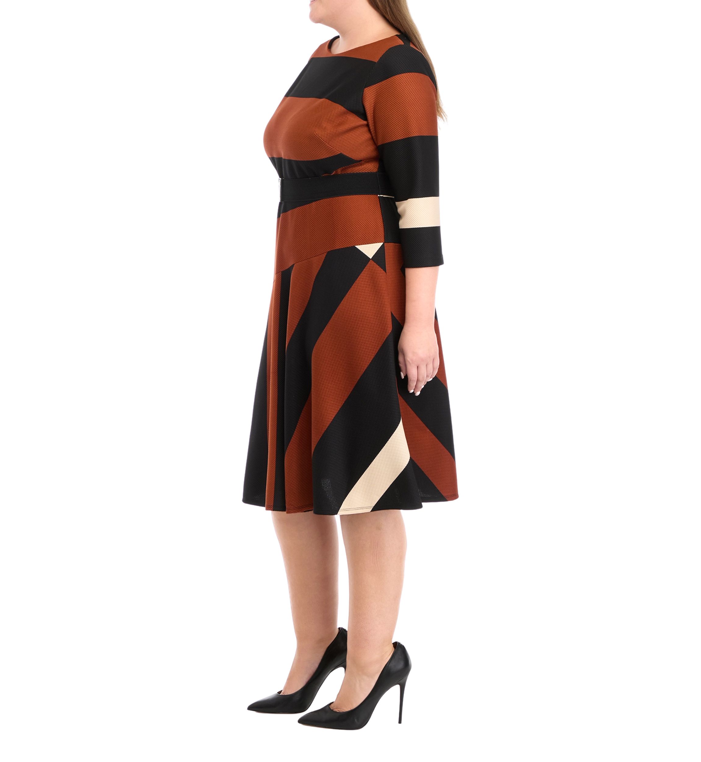 Plus Size 3/4 Sleeve Printed Belted Fit and Flare Dress