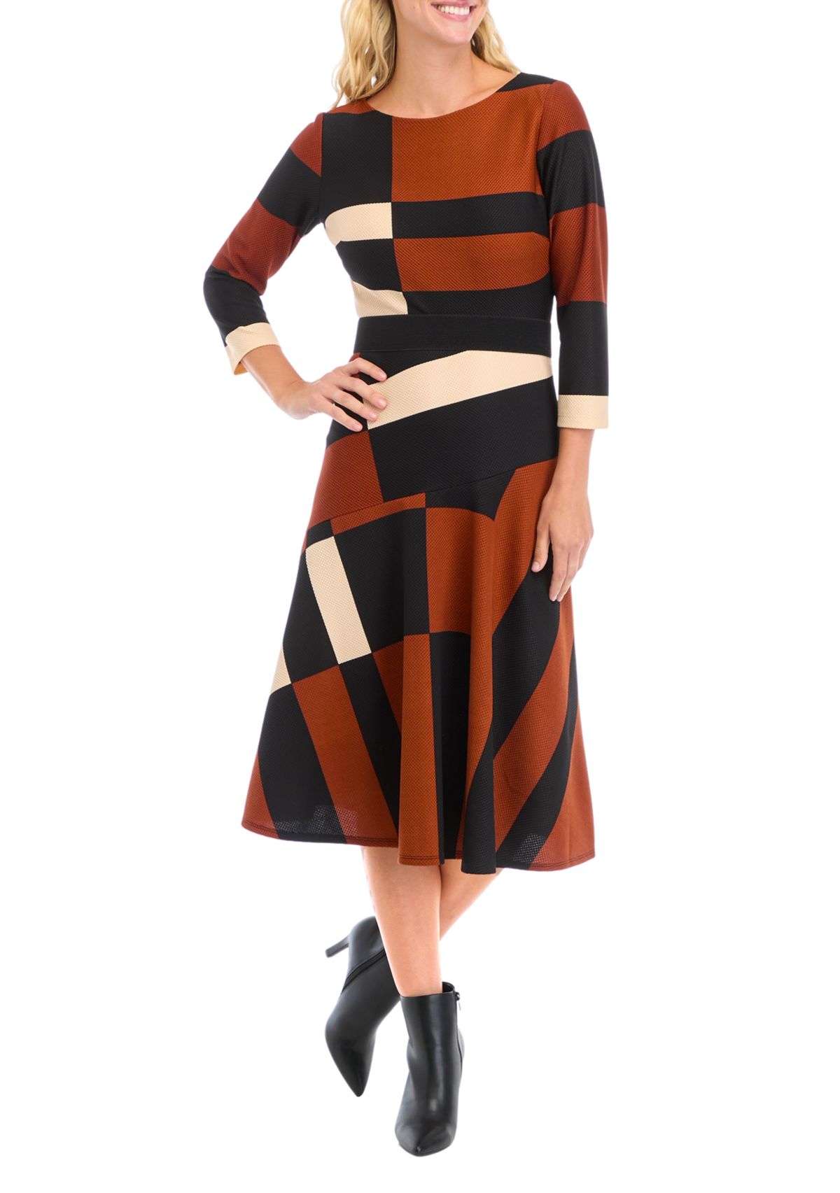 Plus Size Wide Neck Geometric Print Midi Dress