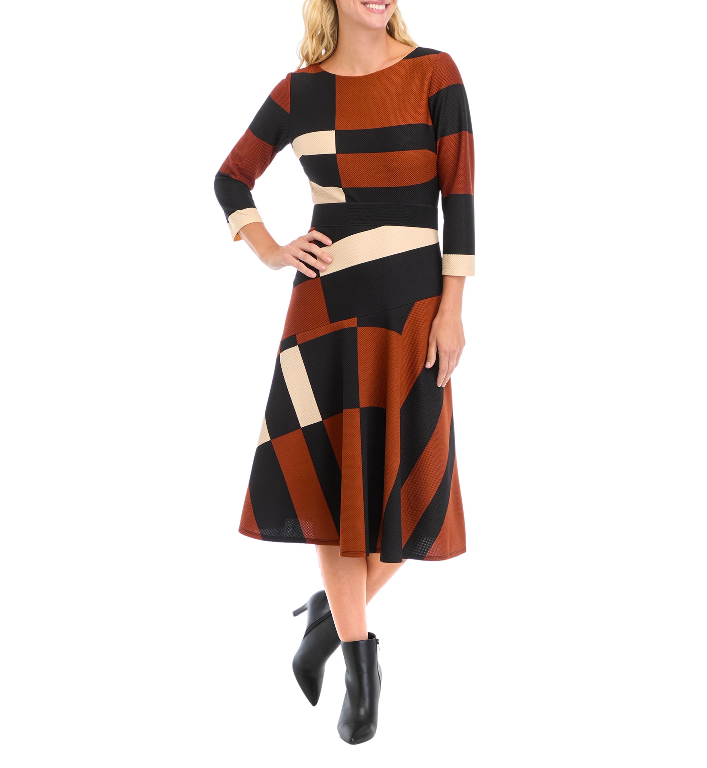 Plus Size Wide Neck Geometric Print Midi Dress