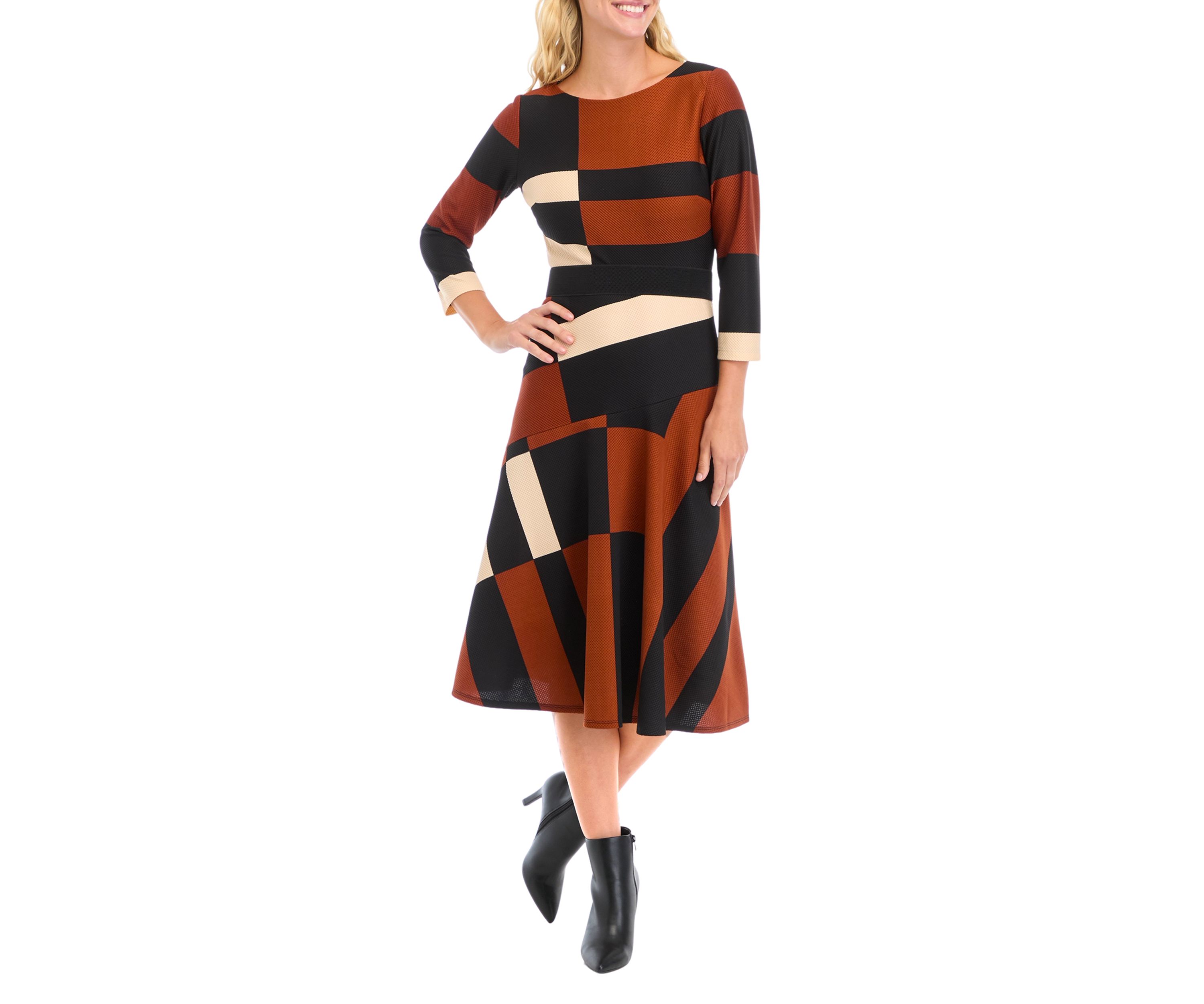 Plus Size Wide Neck Geometric Print Midi Dress