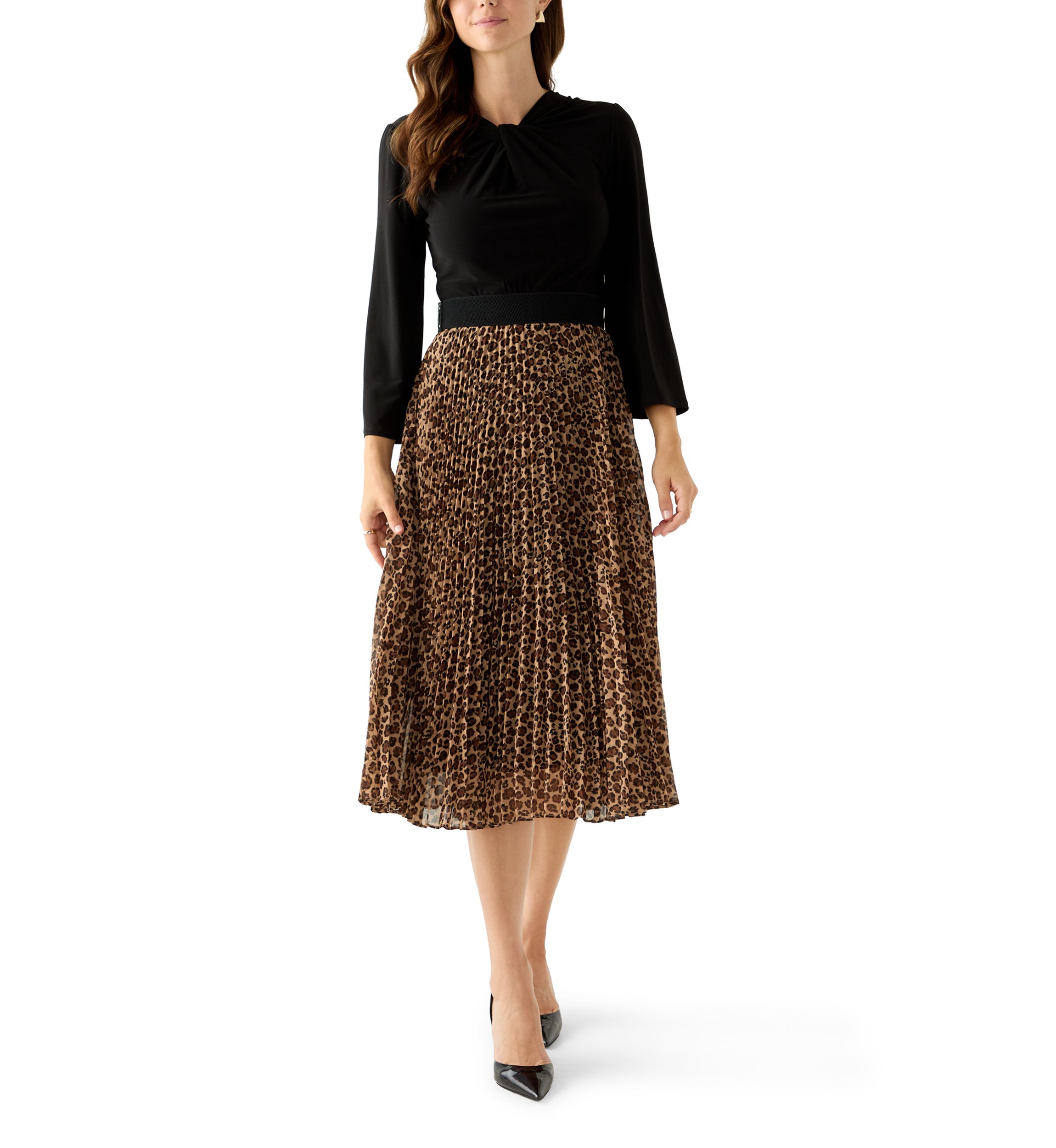 Womens Long Sleeve Chiffon Fit-and-Flare Dress