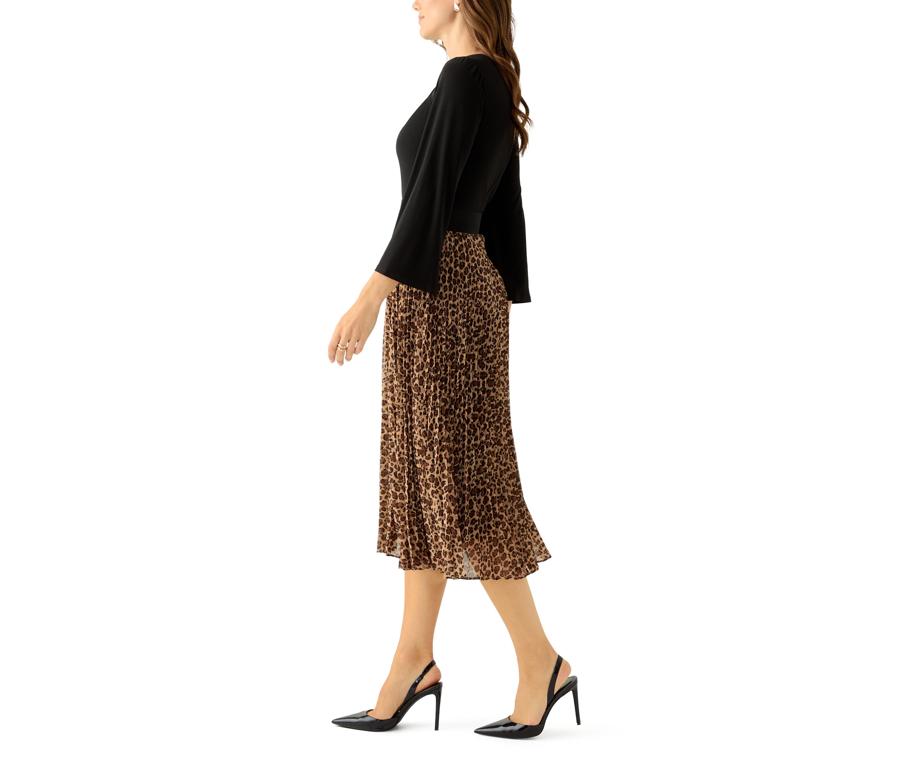 Womens Long Sleeve Chiffon Fit-and-Flare Dress